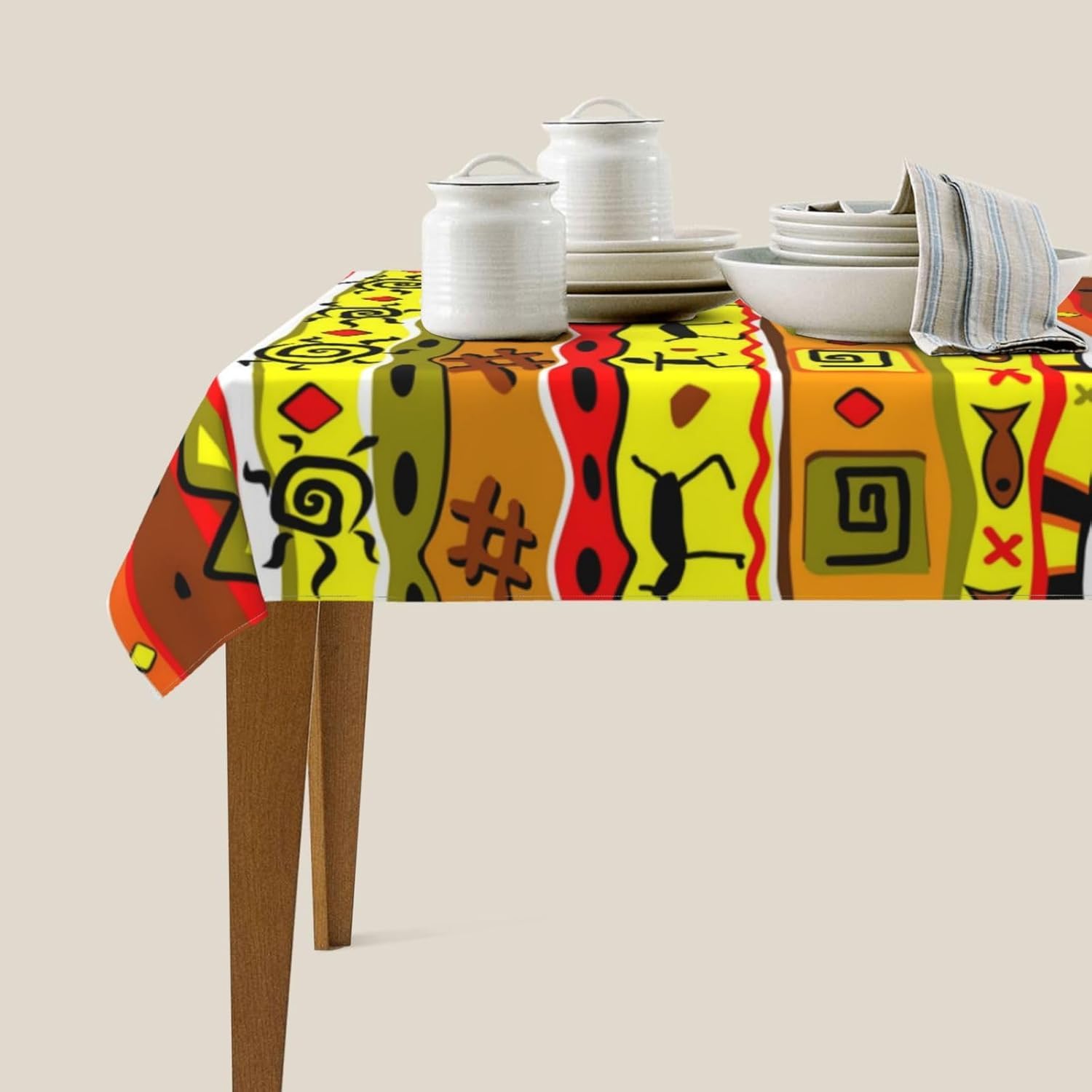 Tovaglia Antimacchia 300x140 cm Rettangolare Africa Tovaglie Impermeabile 3 Metri Copritavolo Poliestere Protezione Tavolo Tradizioni Tribali Africane, per Feste (12-14 Posti) a-5298
