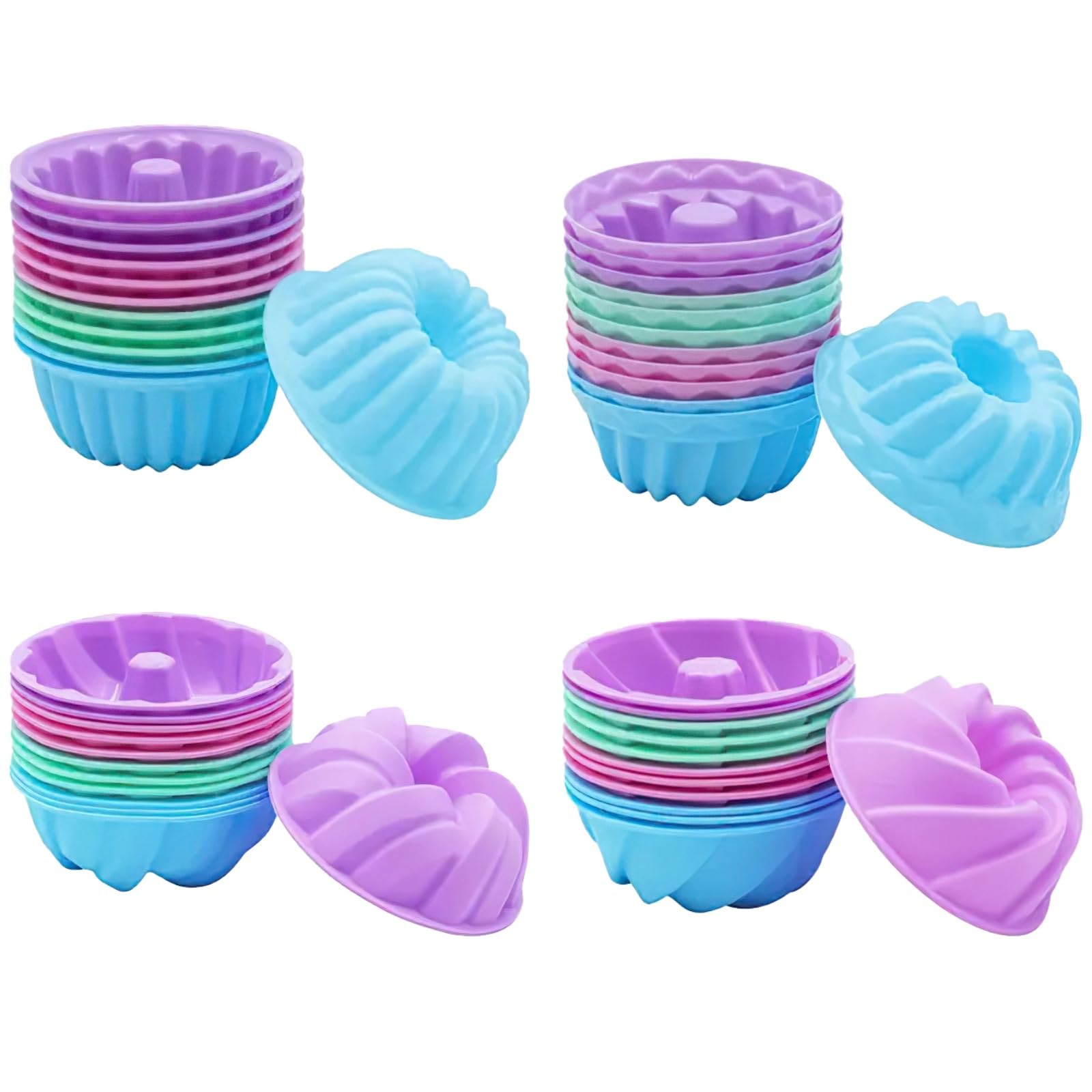 48 pièces moules à pâtisserie en silicone, lot de 4 formes de moules tubulaires cannelés, coupelles anneau antiadhésives, moules à muffins réutilisables, couleurs pastel, env. 3,8 x 7,8 cm
