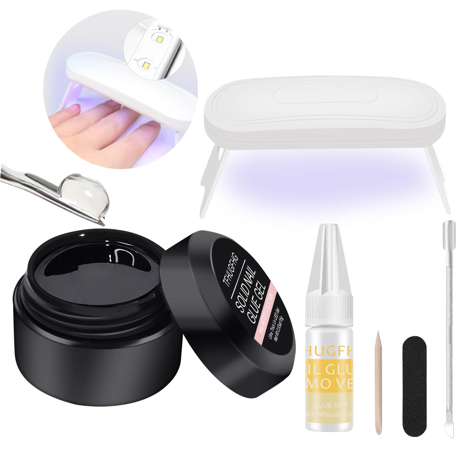 Solid Nail Glue Gel 6-in-1 Kit for Press On Nails Strong Clear Acrylic Nail Tips Solid Gel Nail Glue 15g Nail Tips Long Lasting Rhinestone Glue for Art DIY Home Nail