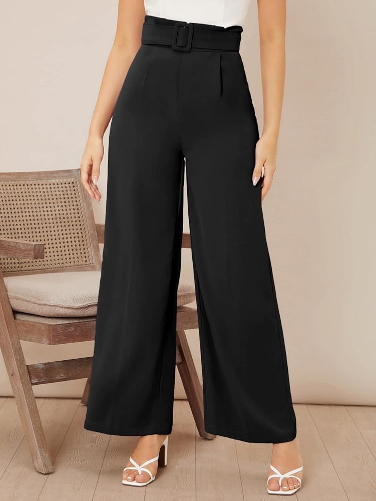 Women's Summer Pants Women Solid High Waist Belted Wide Leg