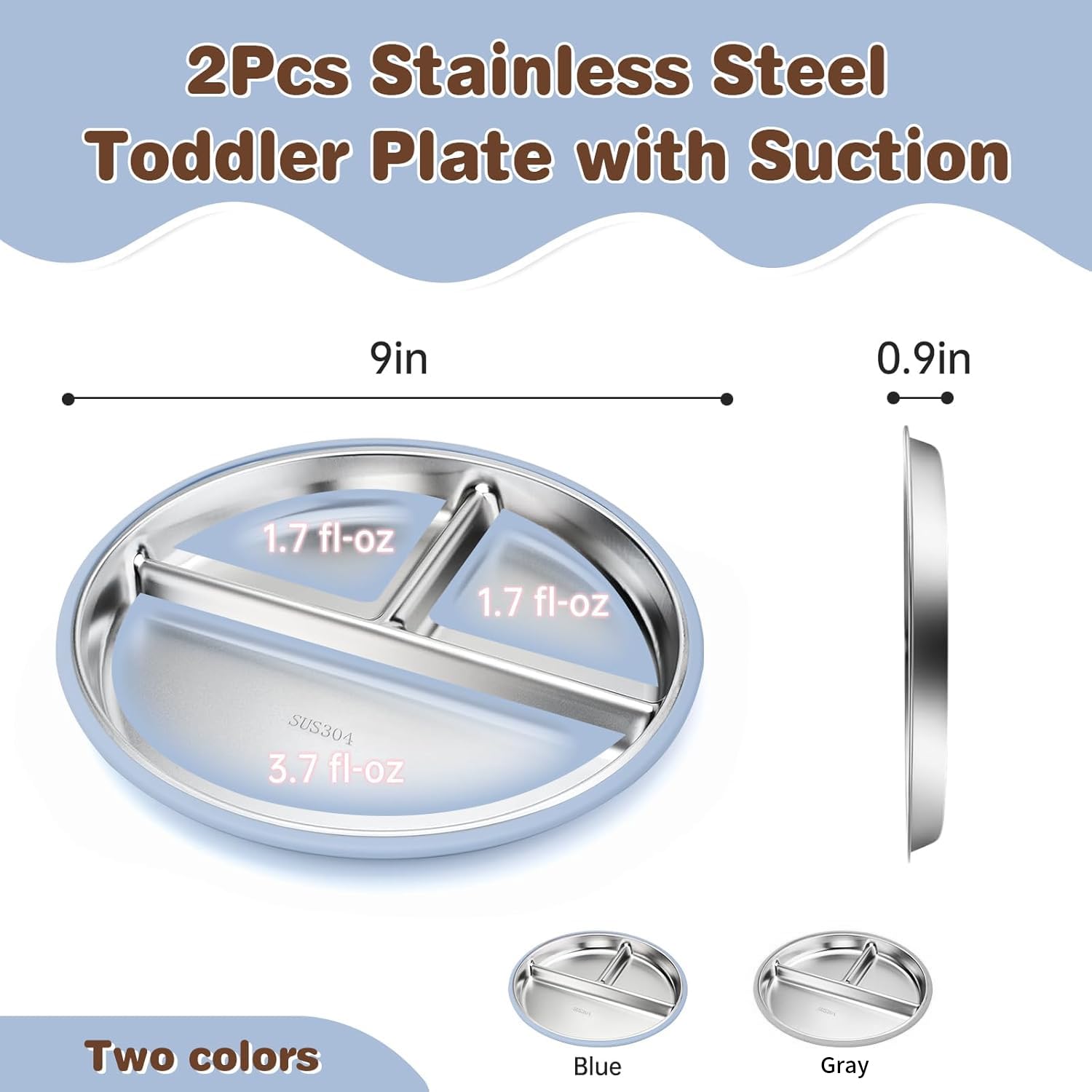 Set da 2 Piatti in Acciaio Inossidabile con Ventosa per Neonati e Set da 1 Cucchiai e Forchette, Bambini Pappa Svezzamento Piatto, Piatti Divisi per Alimentazione Autonoma, Senza BPA