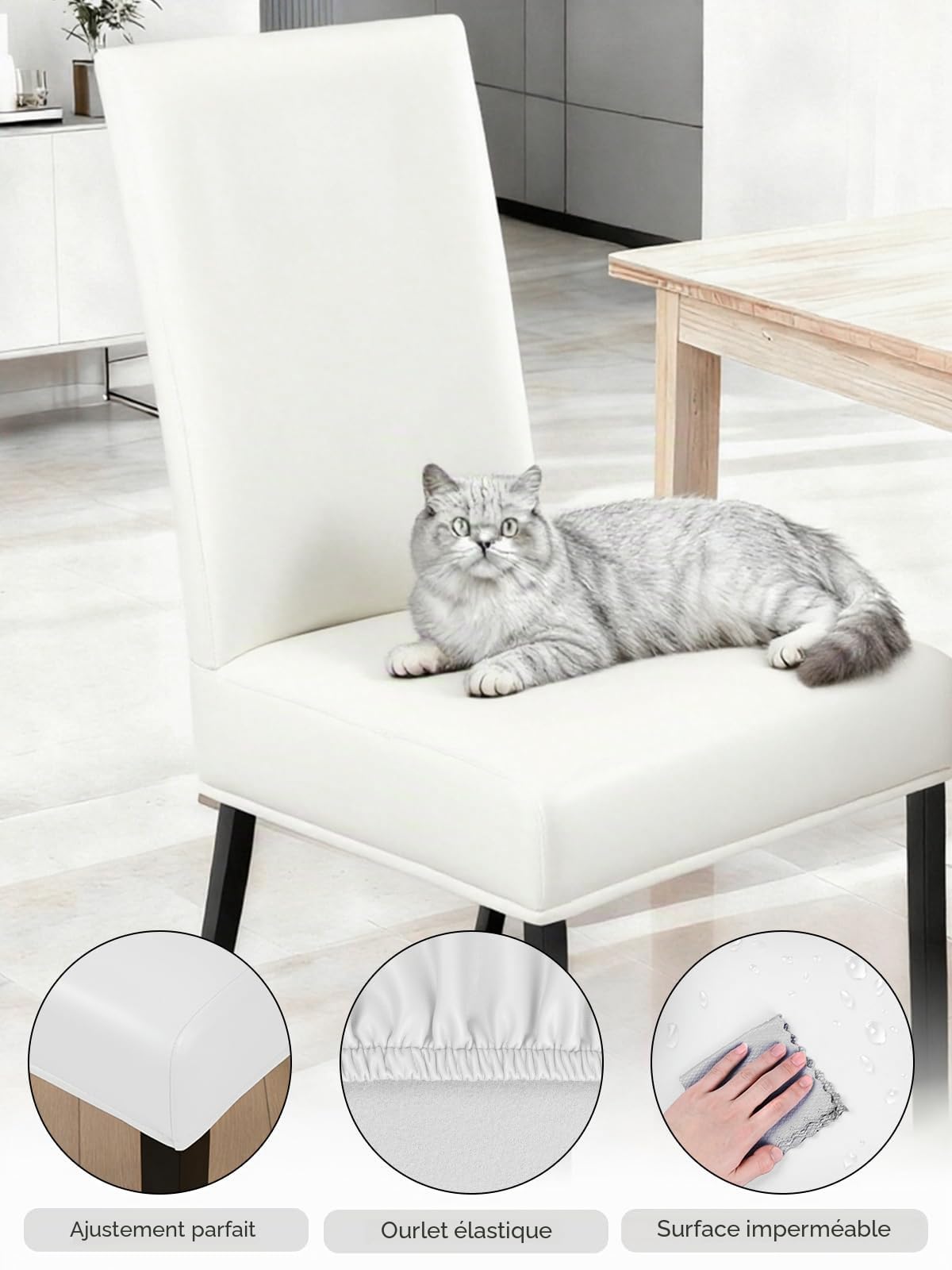 Lot de 6 housses de chaise en cuir synthétique blanc, élastiques et imperméables, lavables et amovibles, universelles pour salle à manger, cuisine, restaurant, hôtel et mariage