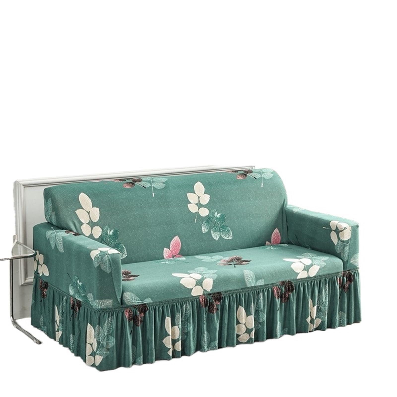 Housse de canapé élasthone avec jupe plissée 1 place beige motif coloré pour fauteuil de salon