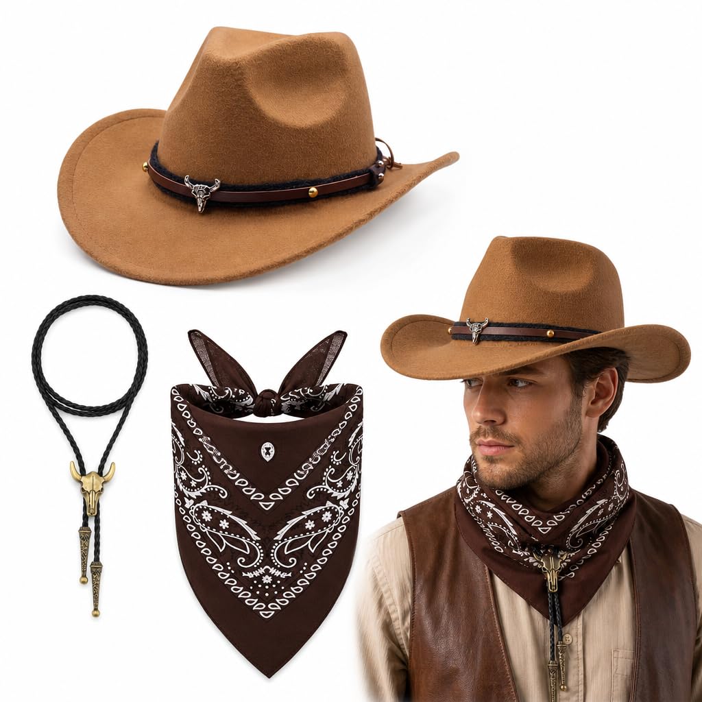 KSVFTB Western Cowboy Accessories Set for Adults, 3-Piece Cowboy Outfit