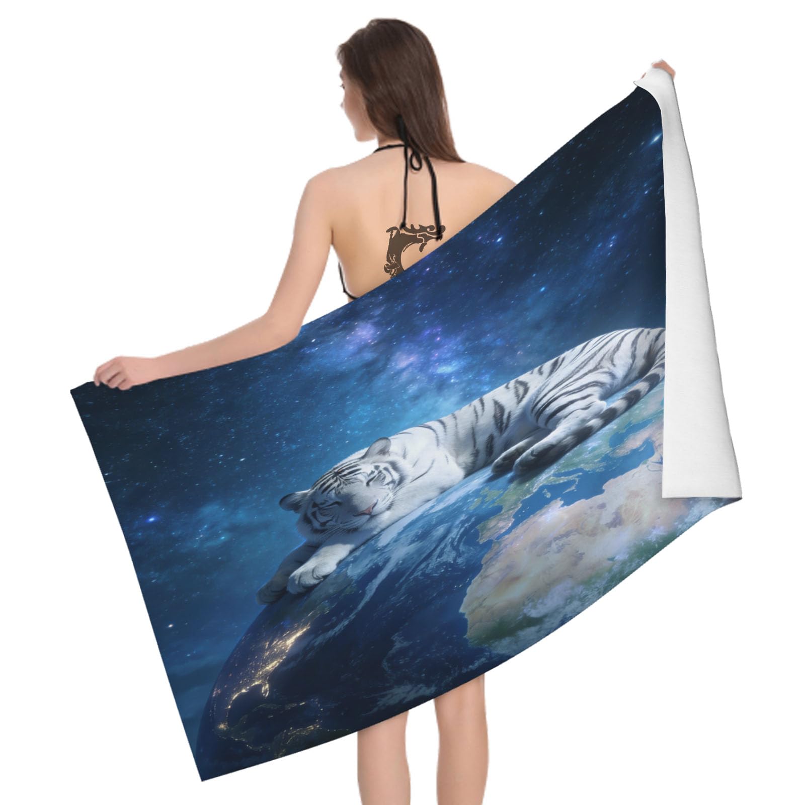 Leichong 3D White Tiger Beach Towel Large Microfiber Soft Quick Dry for Adults, Starry Sky Bath Towel Lightweight Soft Absorbent for Travel Swimming Pool Sports, 80 x 160 cm