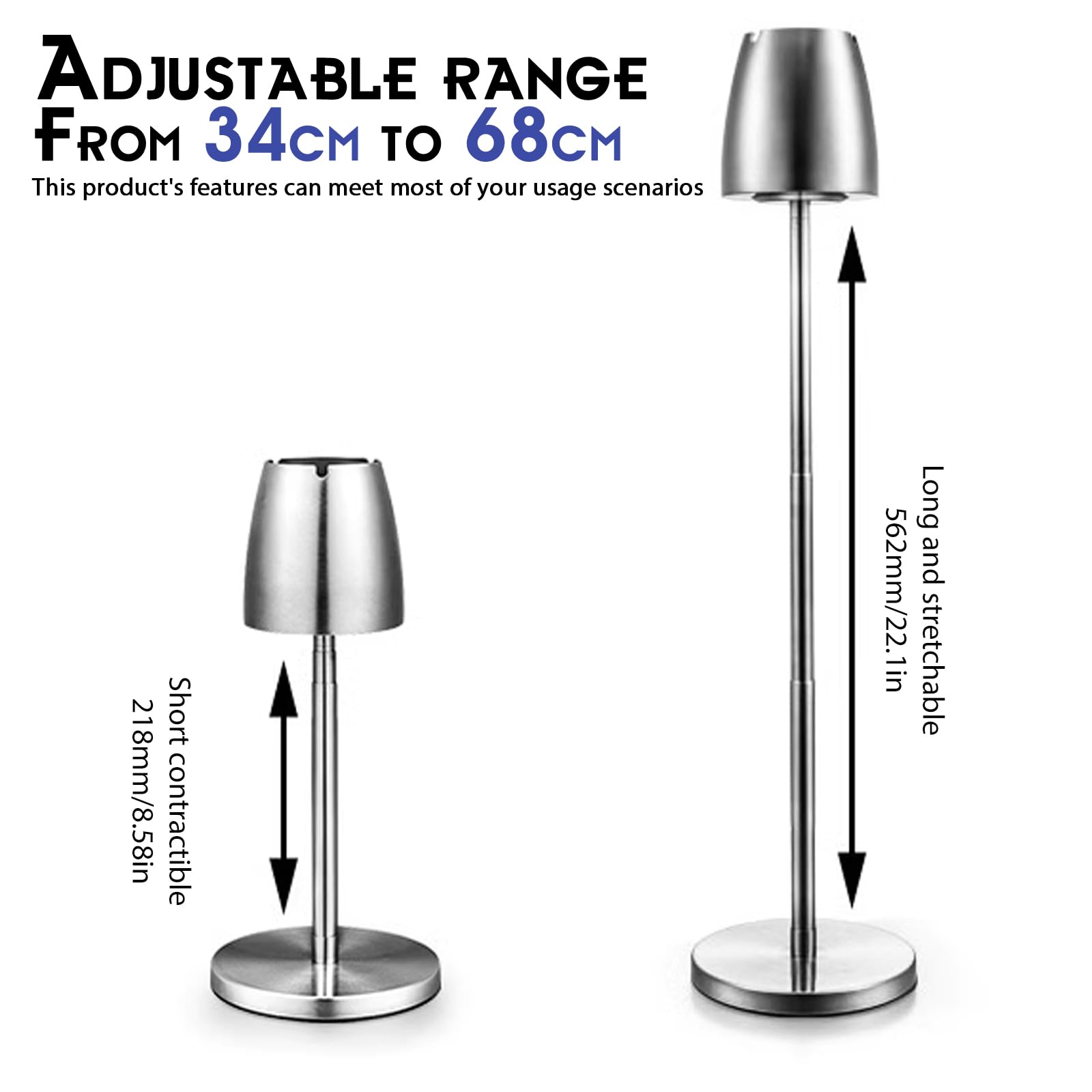 Cendrier de sol réglable en acier inoxydable : extérieur, extensible en hauteur 34-68 cm, cendrier de sol réglable avec couvercle et fond antidérapant, argenté
