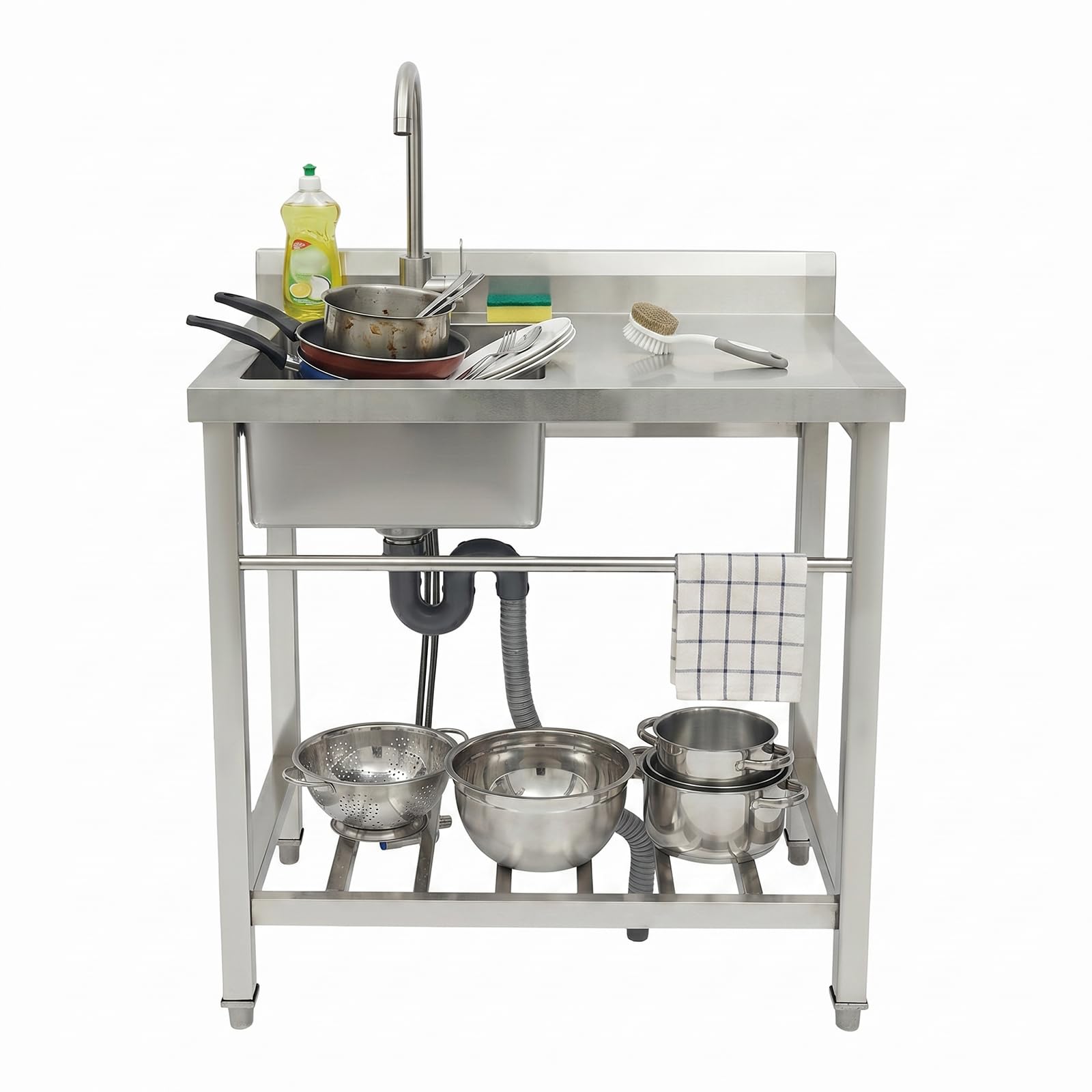 Lavello da cucina professionale in acciaio inox, lavello libero installazione grande capacità, lavello cucina con piano di lavoro in acciaio inox, rubinetto scolapiatti incorporati, lavanderia Garage