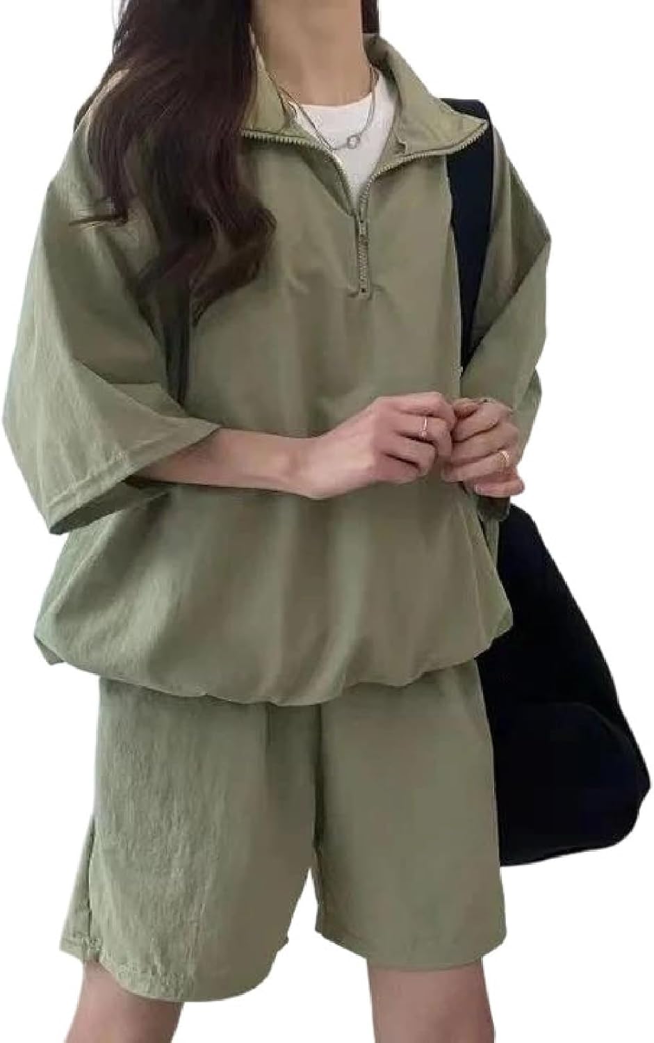 Women's Summer Chic Sports Two-Piece Set Loose Zipper Shirt Casual Outfit For Daily Wear