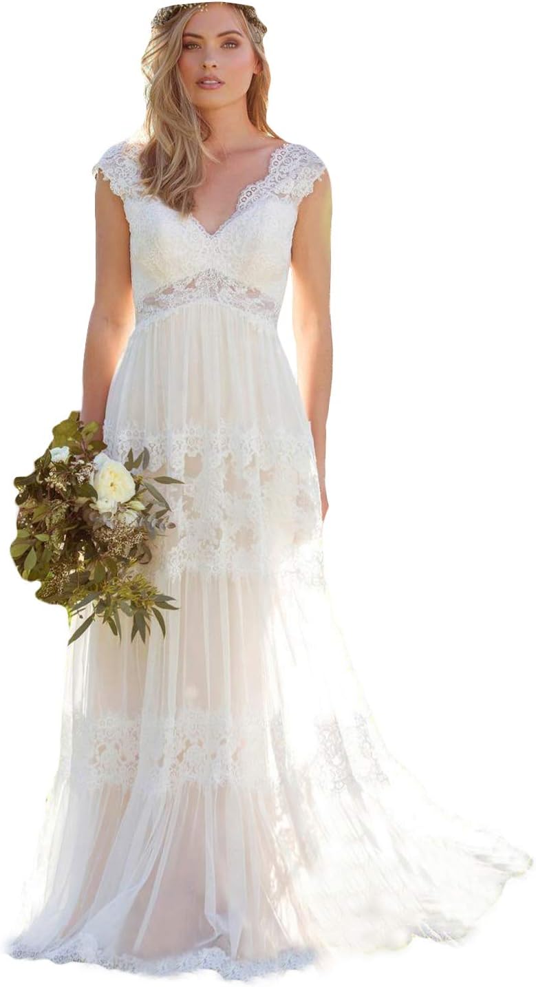 Bohemian Wedding Dresses V-Neck Lace Appliques Wedding Gown for Women A-line Bridal Gowns US4 Ivory