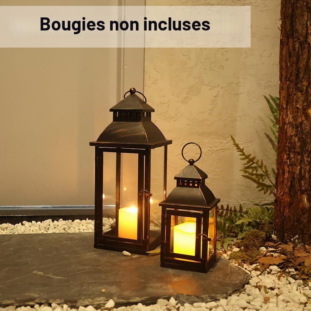 NEEDOMO Lot de 2 lanternes décoratives d'extérieur et d'intérieur (43,2 x 25,4 cm) en métal bronze avec verre, bougeoir pour porche, terrasse, jardin, balcon, mariage, centre de table