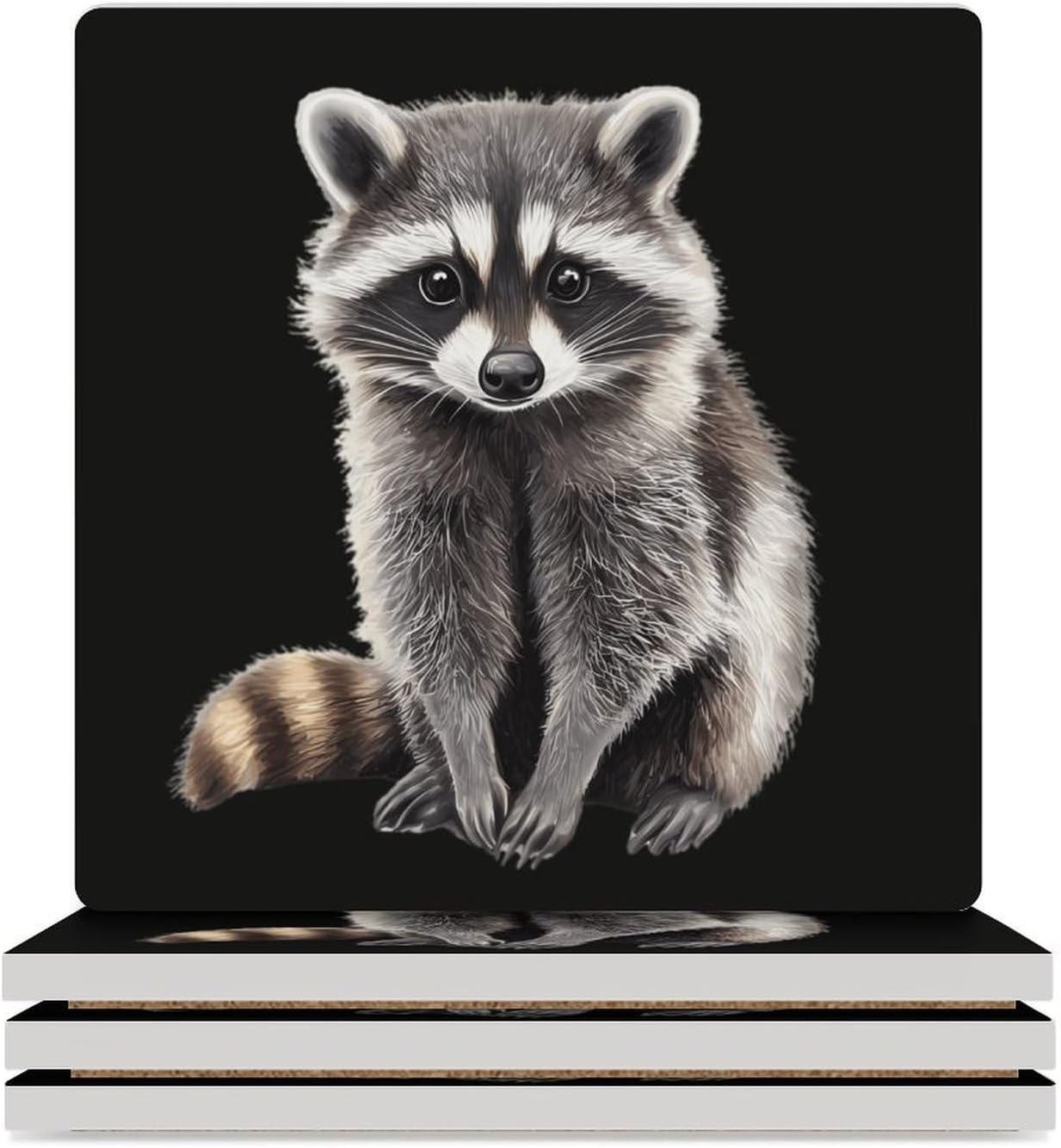 Cute Raccoon Funny Ceramic Coasters for Drinks Absorbent Cup Holder Tabletop Protector with Cork Base