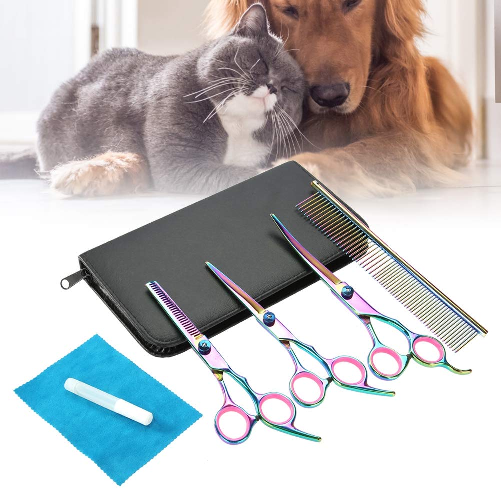 Pet Grooming Scissors Set, Pet Trimmer Kit Professional Stainless Steel Pet Trimmer Kit with Cutting Scissors, Thinning Shear, Curved Scissors, Grooming Comb for Dog Cat Rabbit