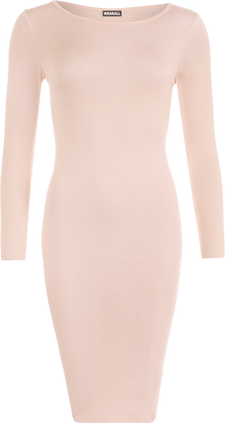 Wearall Women's Nude Bodycon Stretch Plain Long Sleeve Round Neck Midi Dress - 12/14