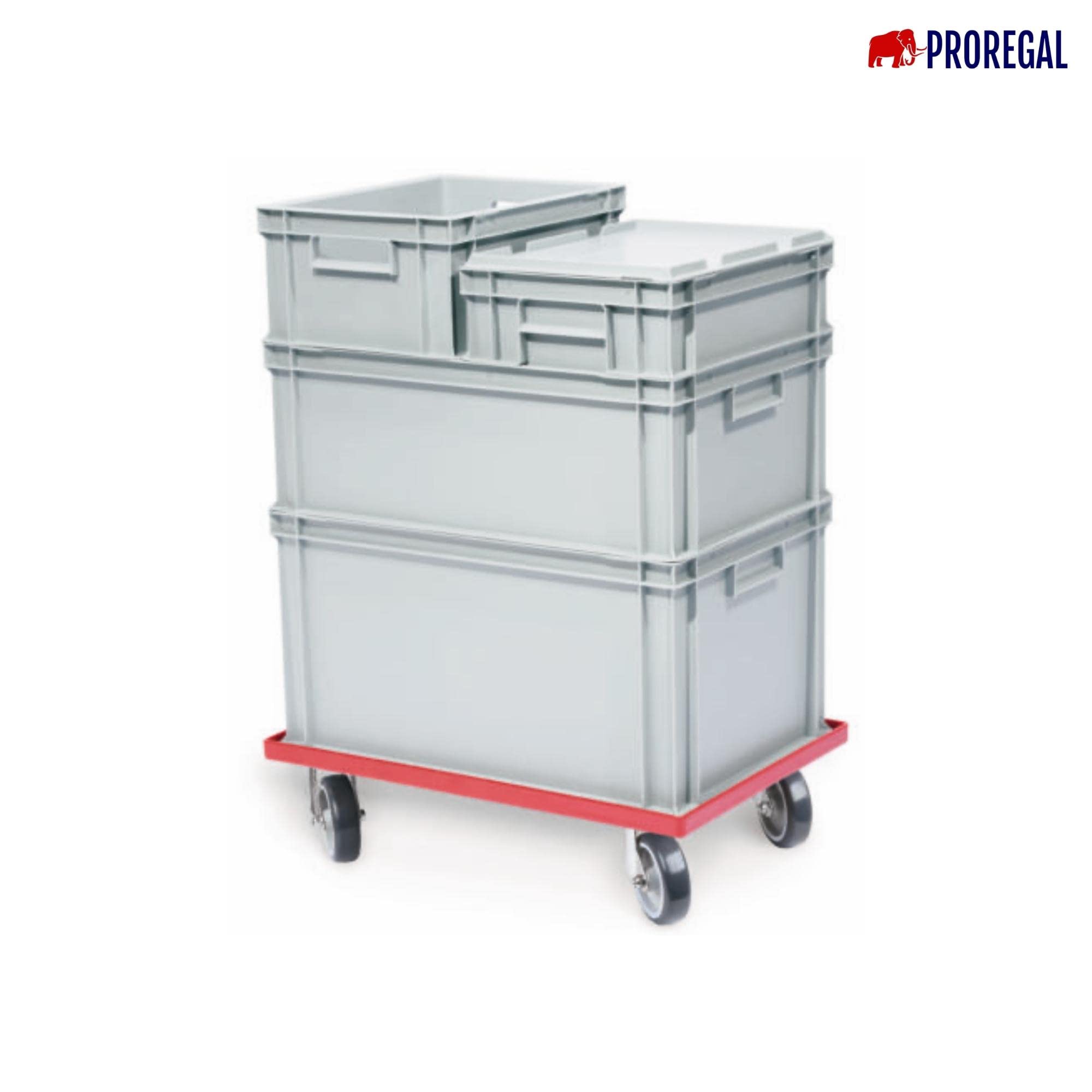 Transportroller für Euroboxen 60x40cm mit Gummiräder blau | Gitter/Rasterdeck | 2 Lenkrollen & 2 Bremsrollen | Traglast 300kg | Kistenroller Logistikroller Rollwagen Profi-Fahrgestell