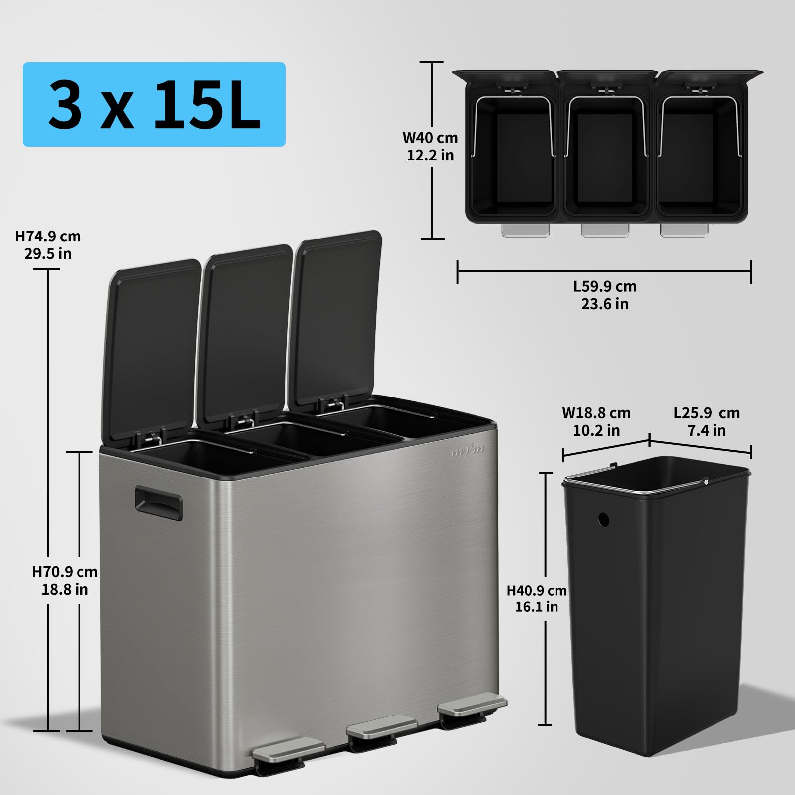 mVm Mülleimer Küche,45 Liter Treteimer,3 x 15 Liter Treteimer, 3 Fächer, Mülltrennsystem, Abfalleimer Küche mit Inneneimer aus Kunststoff,Metall,Klappdeckel, Softclose, Luftdicht