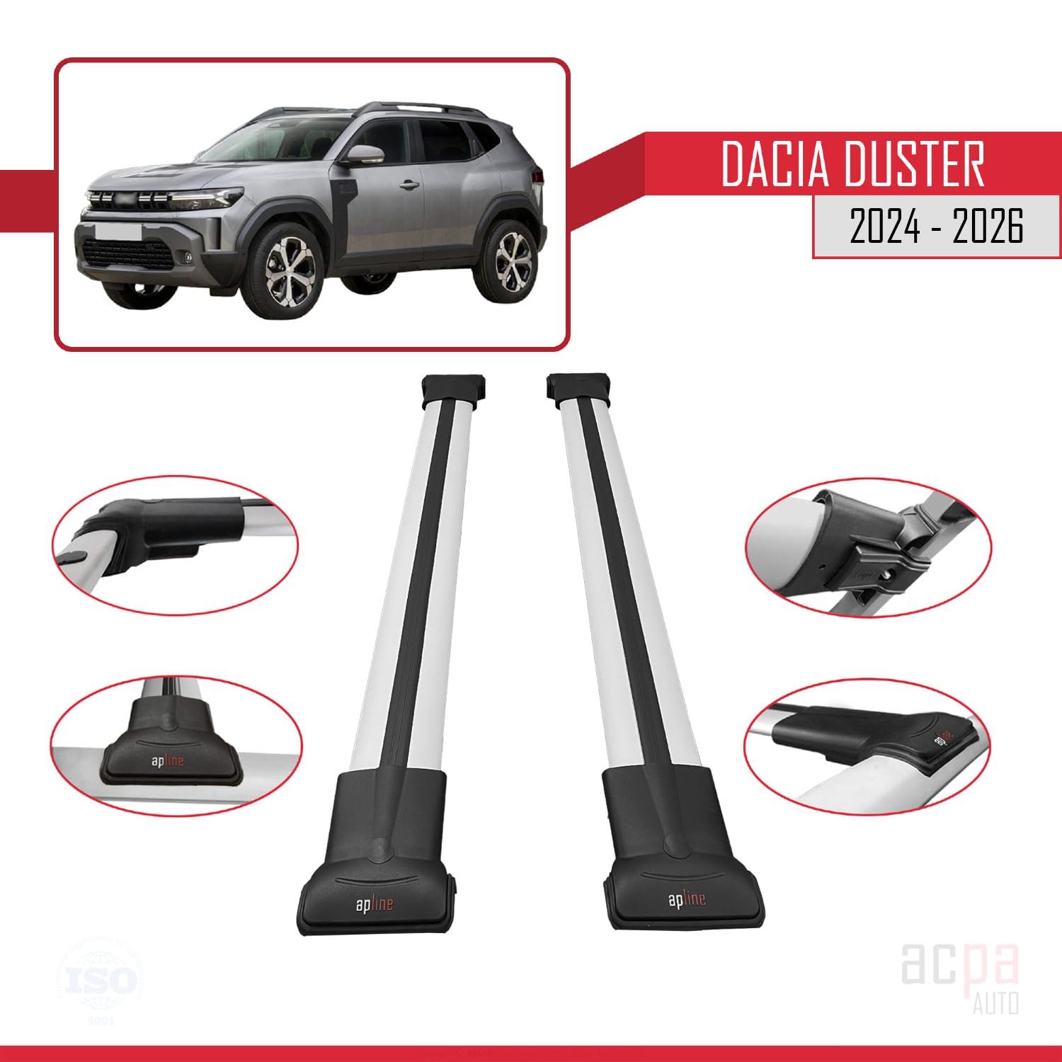 Compatible con Dacia Duster 3 (P1310) 2024-2026 Fly Model Barras de Techo Auto Portaequipajes Barras Transversales Gris Aluminio 2 Barras