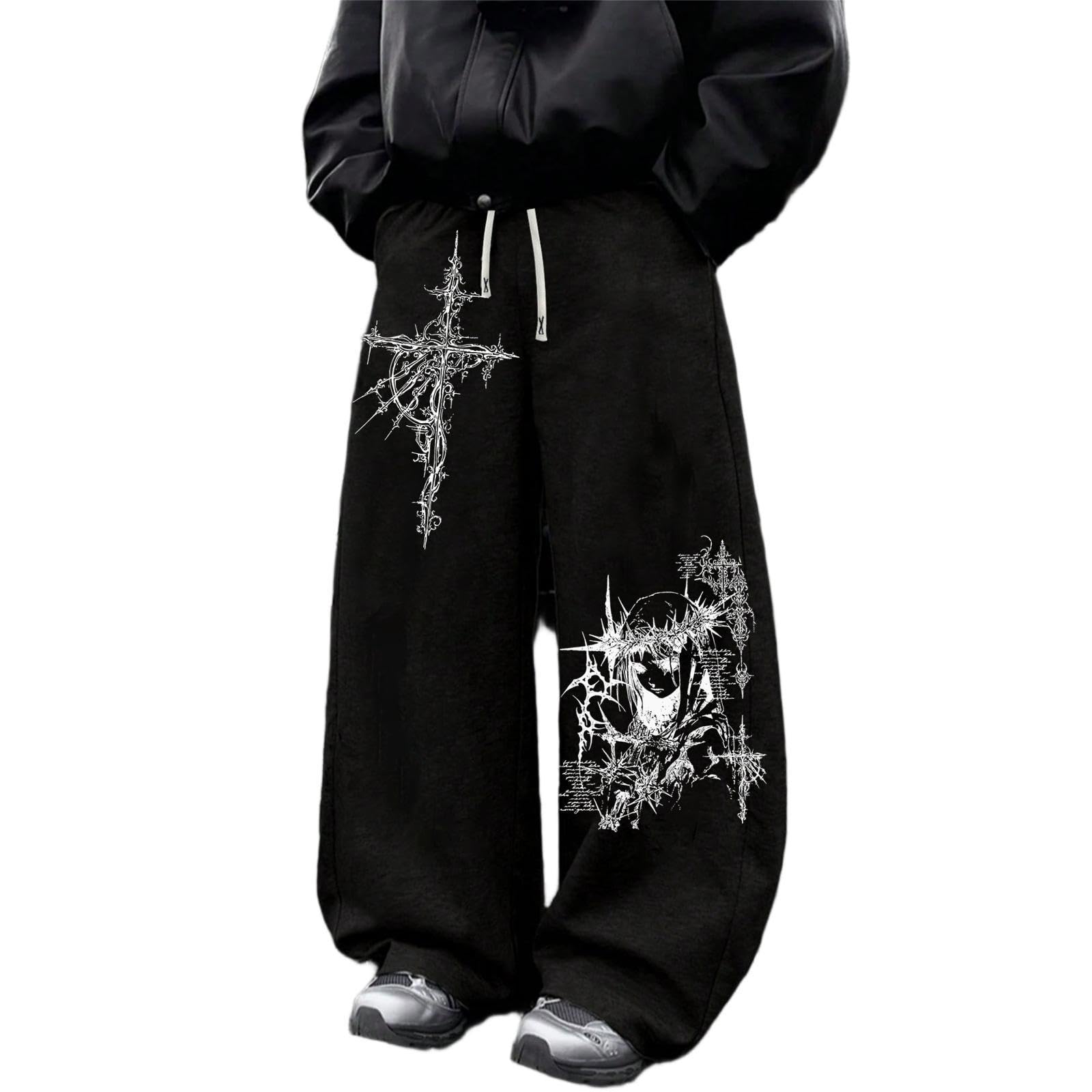Xueneige Unisex Black Streetwear Goth Oversized Joggers Y2k Baggy Sweatpants Mens Baggy Trousers, Gym Joggers Men With Gothic Cross Print, Dark Alt Style Casual Festival Daily Lounge Wear