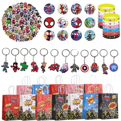 Yisound123 98 piece party bag filler set Party Bag Fillers Party Favours Keychain Party Bags Button Pins Stickers Party Supplies Goodie Bag Fillers for (Red)