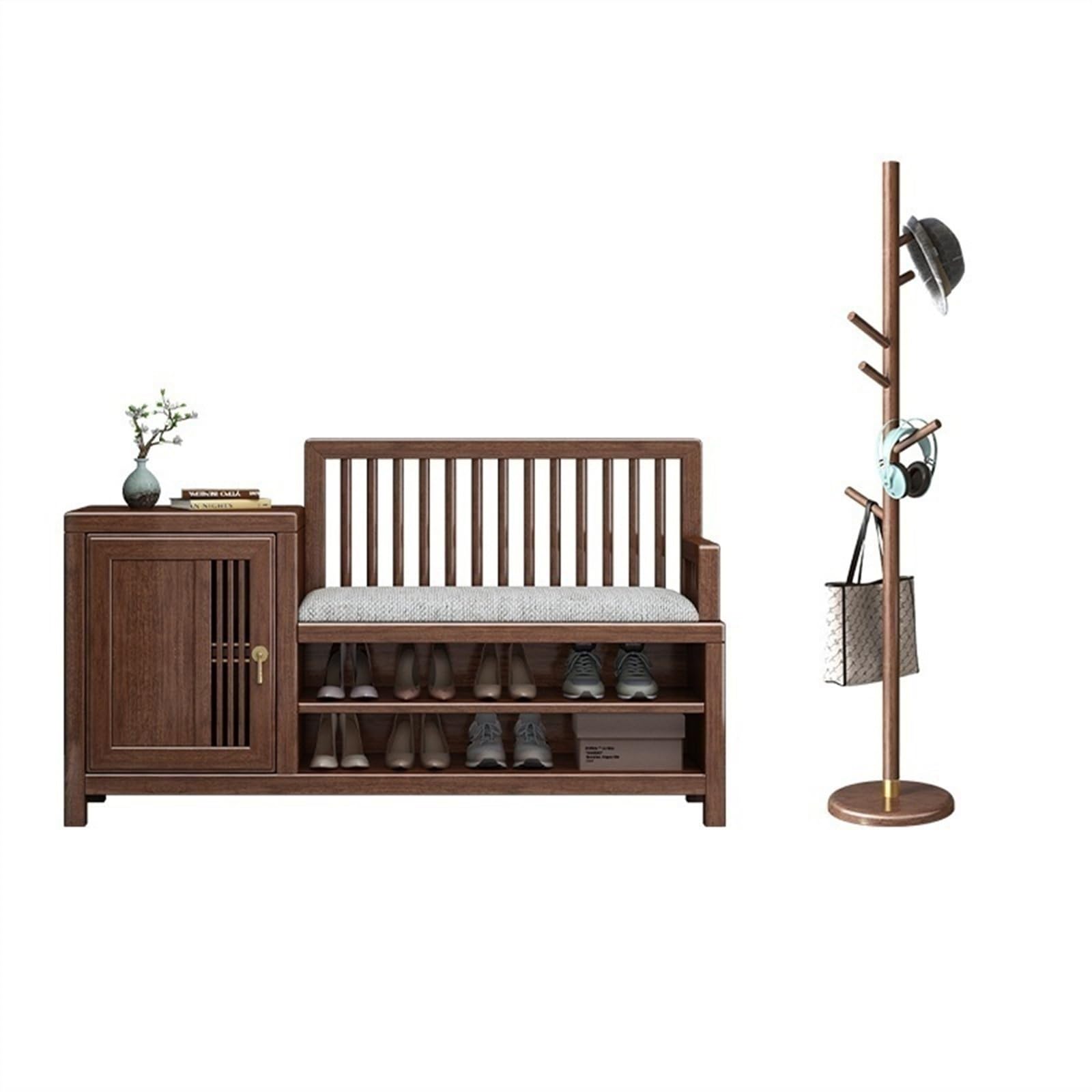 Closet Shoe Bench Combo With Freestanding Coat Rack,Standing Shoe Racks Solid Wood Shoe Storage Organizer With Storage Cabinet And Seat Cushion Shoe Storage Rack,For Closet,Hallway,Entryway Shoe
