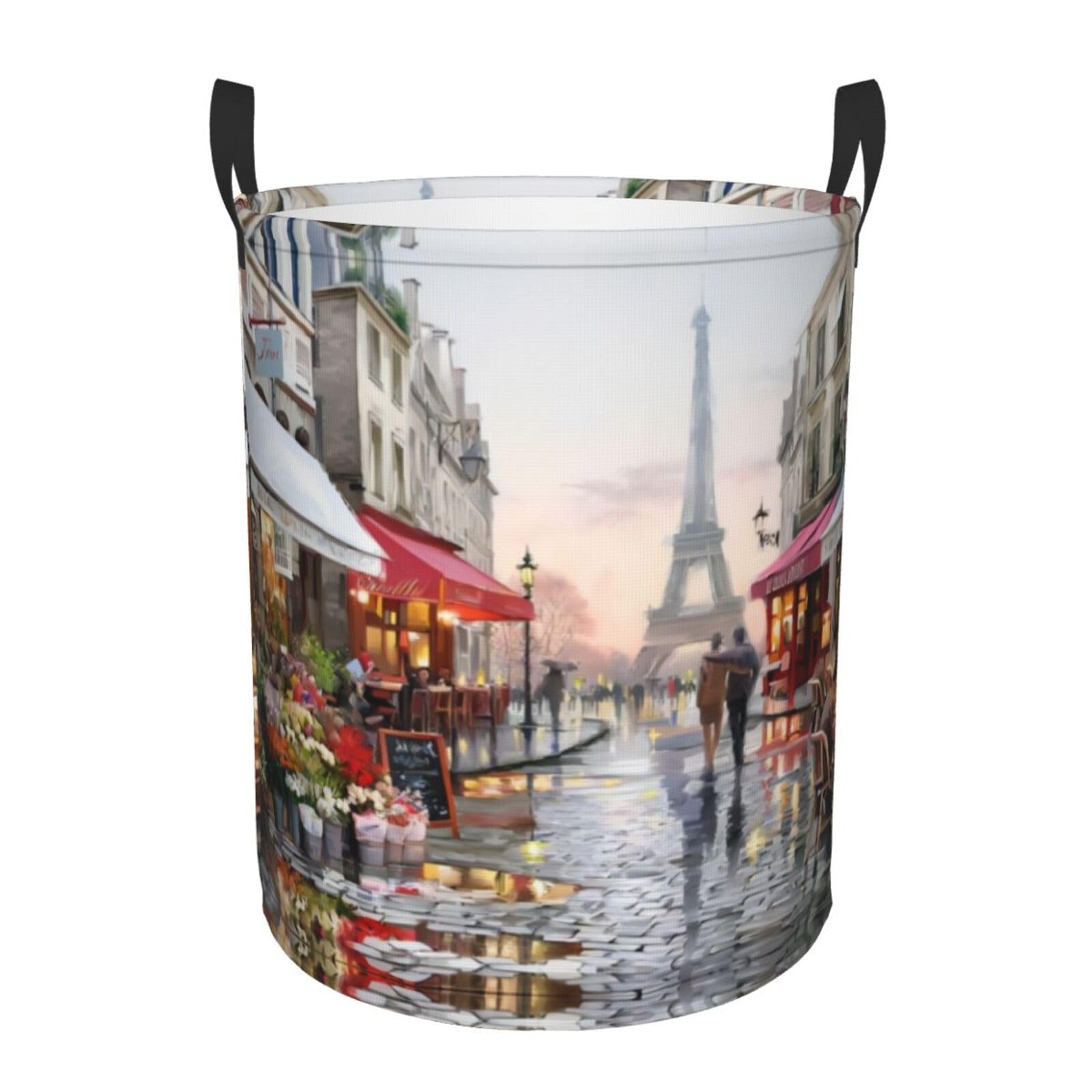 S Circular Hamper Oil Painting Paris Street Scene Eiffel Tower Print Storage Basket for Home