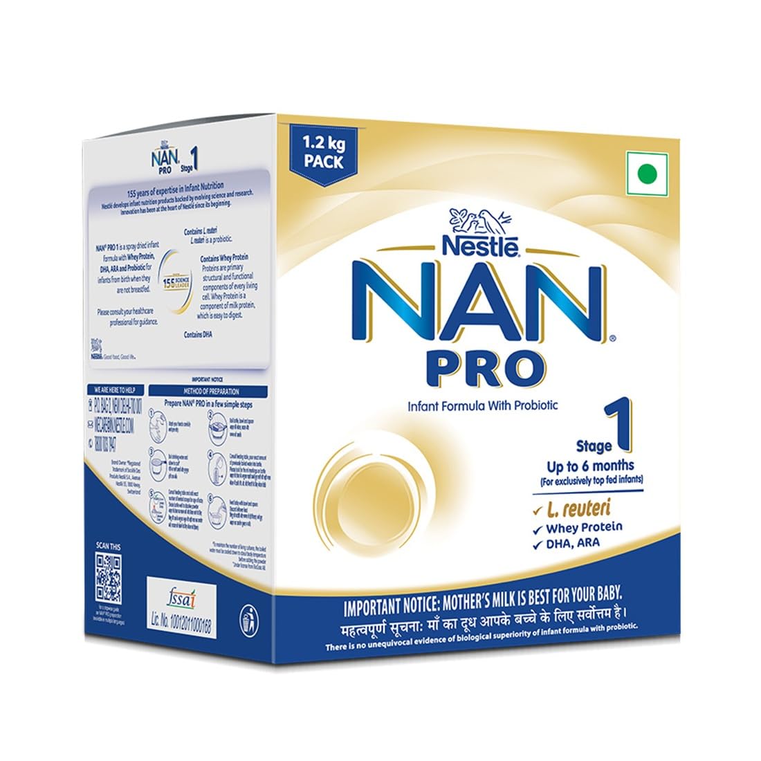 Nestlé NAN PRO Stage 1, 1.2kg Pack, Infant Formula Milk Powder for Babies (Up to 6 Months) - with Probiotic, 3x400g Pouch in Box