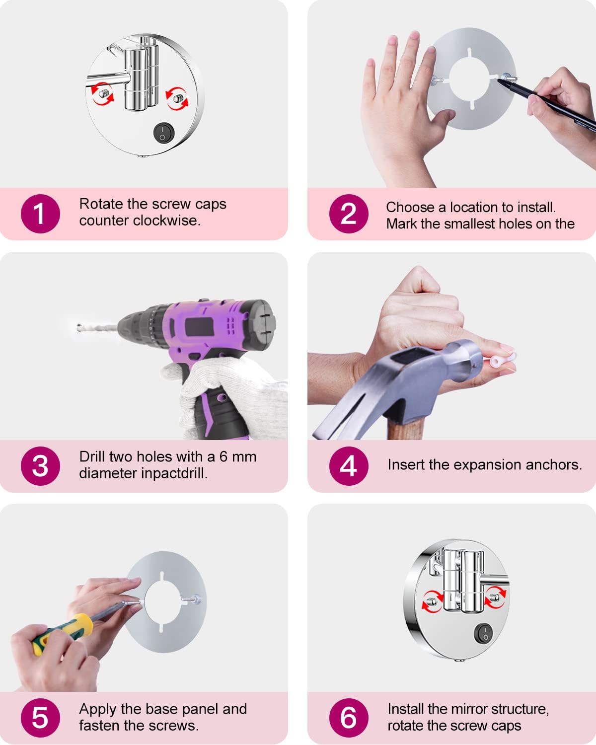 Benbilry 9" Large Wall Mounted Lighted Makeup Mirror, 1X/10X Magnifying 2-Sided AC Plug-in Powered Bathroom Mirror with 3 Color Lights, Touch Dimmable, Extended Arm 360° Rotation, 【Silver】