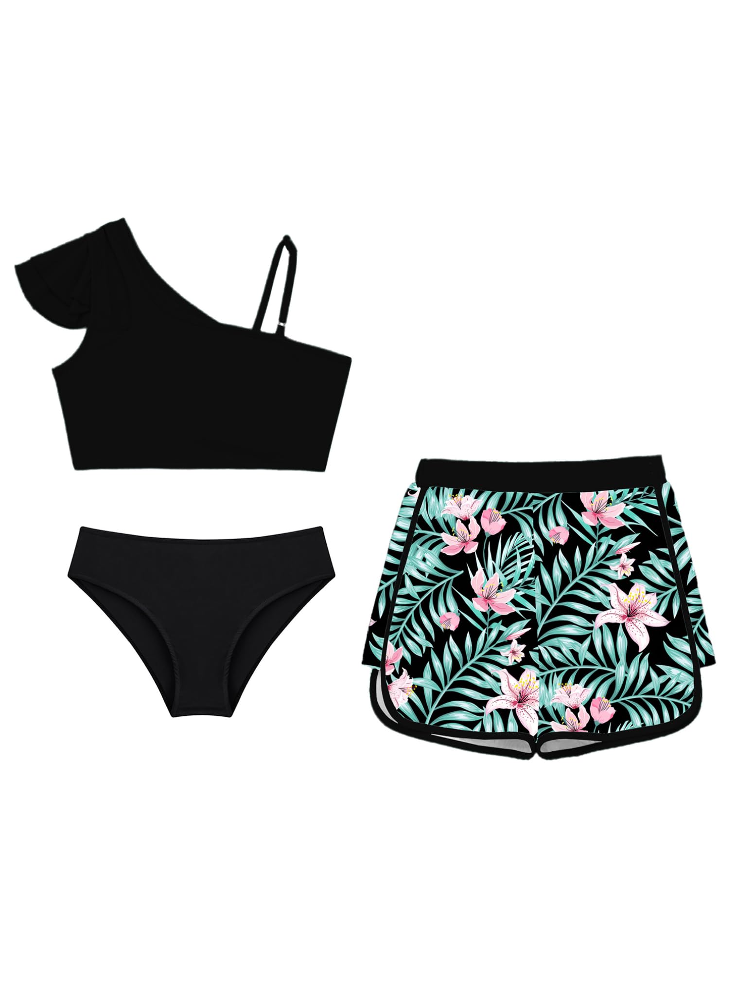ranrann Ensemble Maillot de Bain Fille Enfant Ado 3 Pièces Débardeur + Bas de Bain + Short Imprimé Tropical Natation Plage 5-16 Ans