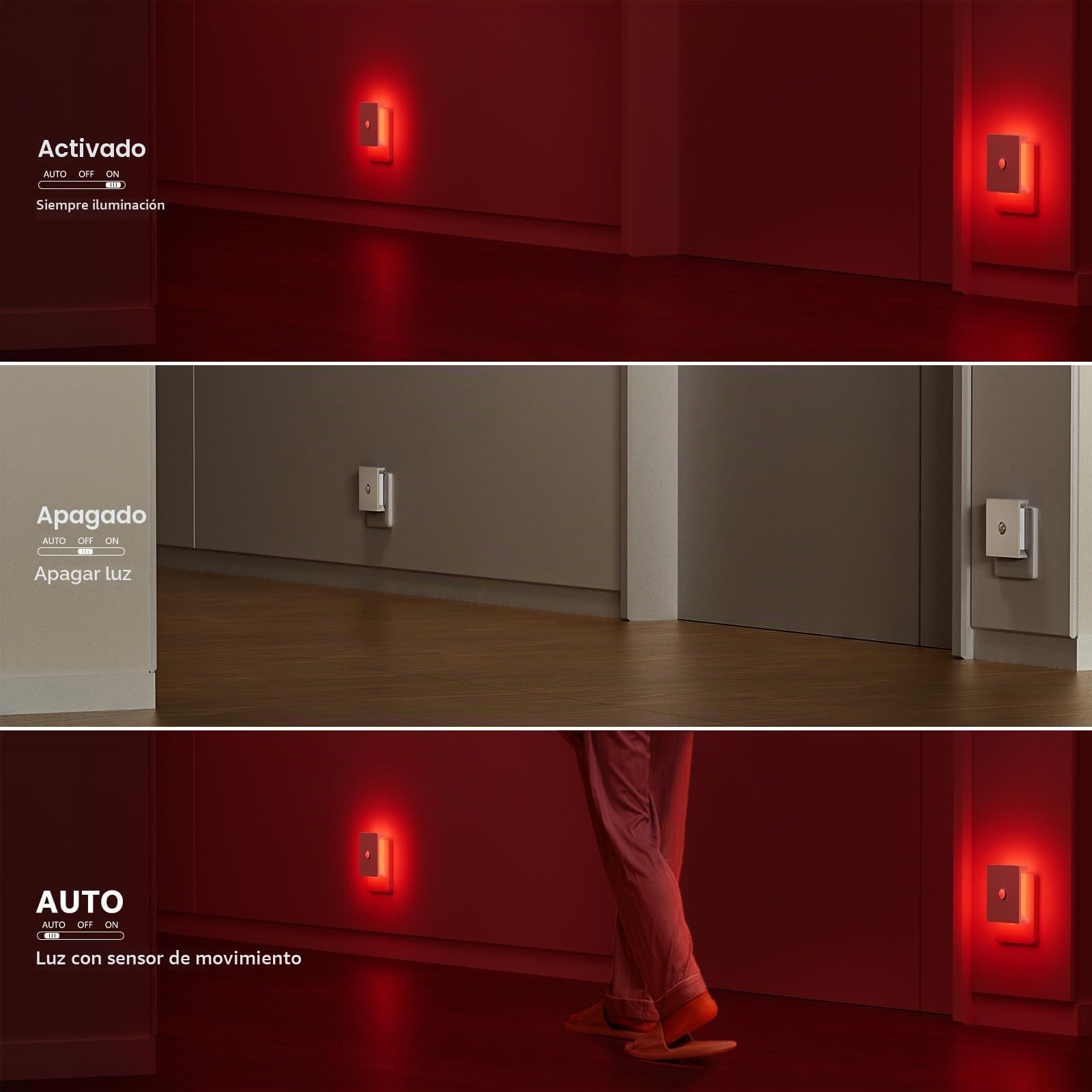 Feliigo Luz Nocturna con Sensor de Movimiento, 2 Piezas Luz Nocturna Infantil Enchufe Regulable con 3 Modos, Brillo Ajustables para Habitación de Niños, Baño, Pasillo, Cocina, Escaleras