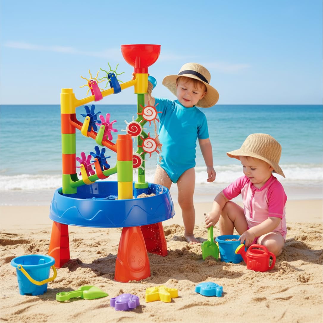 Baby-Wassertisch, Kinder-Wassertisch zum Spielen im Freien für Kinder im Alter von 1–8 Jahren, Sommer, Strand, Hinterhof, 32-teiliges Sandspielzeug-Set mit Rad, Eimer, Schaufel