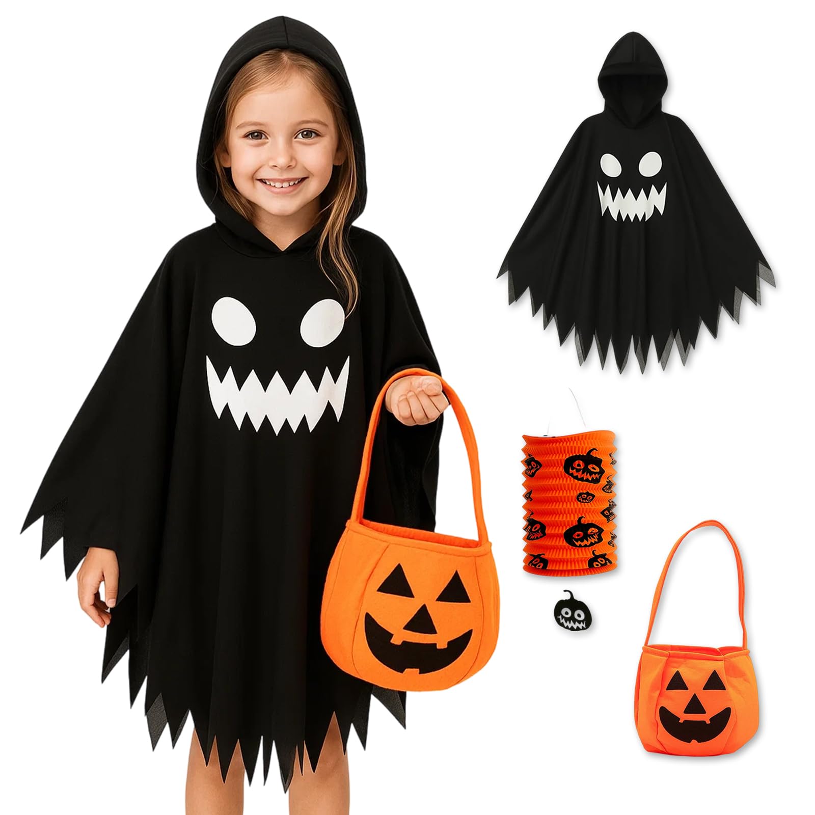 BaiDekun 3 Costume Ghost Set, Ghost Costume Children's Halloween Costume Children Boys Halloween Costume Baby with Pumpkin Bag and Lantern, Fancy Dress for Carnival and Theme Party