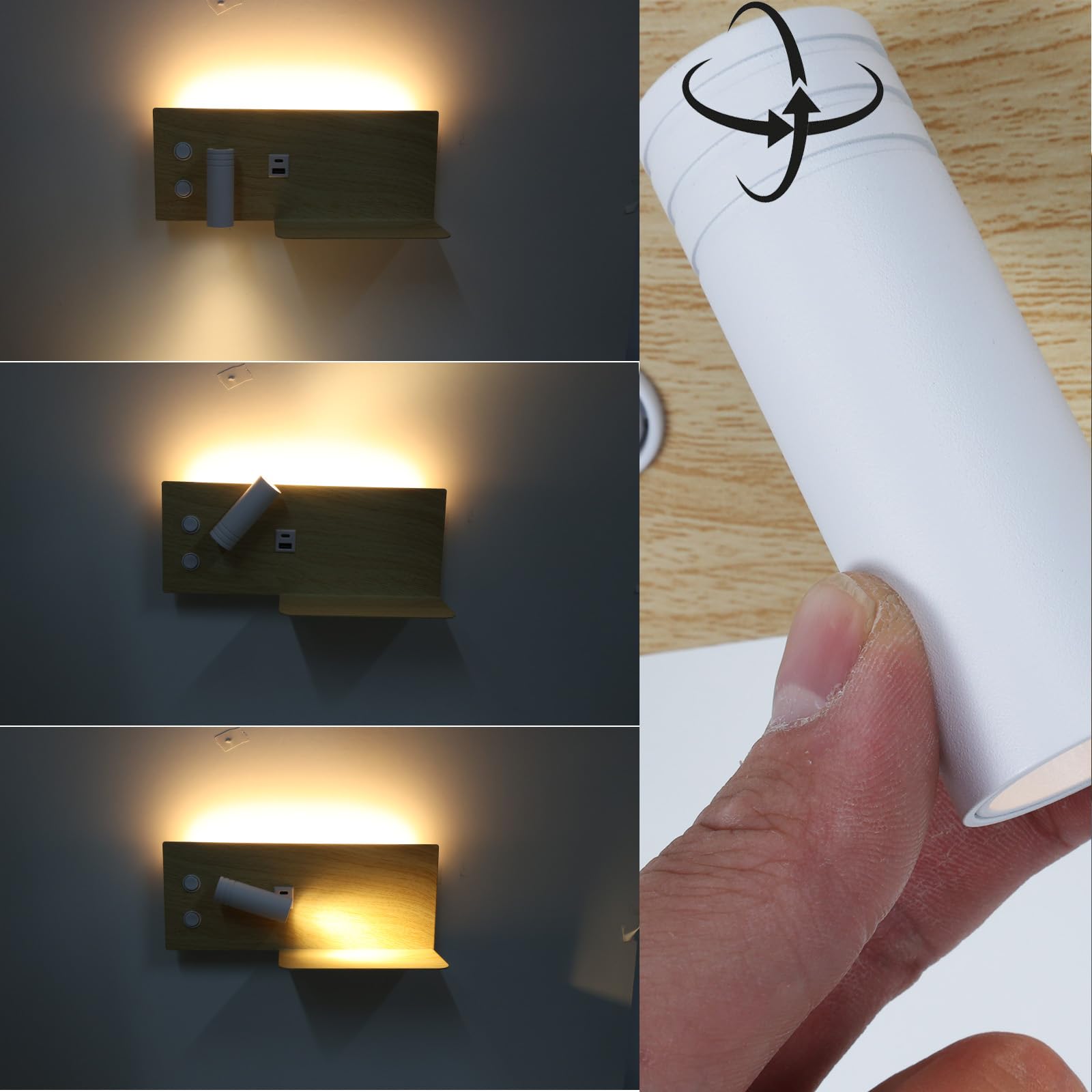 Alpinaluz Aplique LED de Pared con Luz de Lectura Orientable y Ambiental 2700K, Interruptor Dual, Doble Puerto de Carga USB, Repisa, Metal con Efecto Madera Beige Claro, Foco