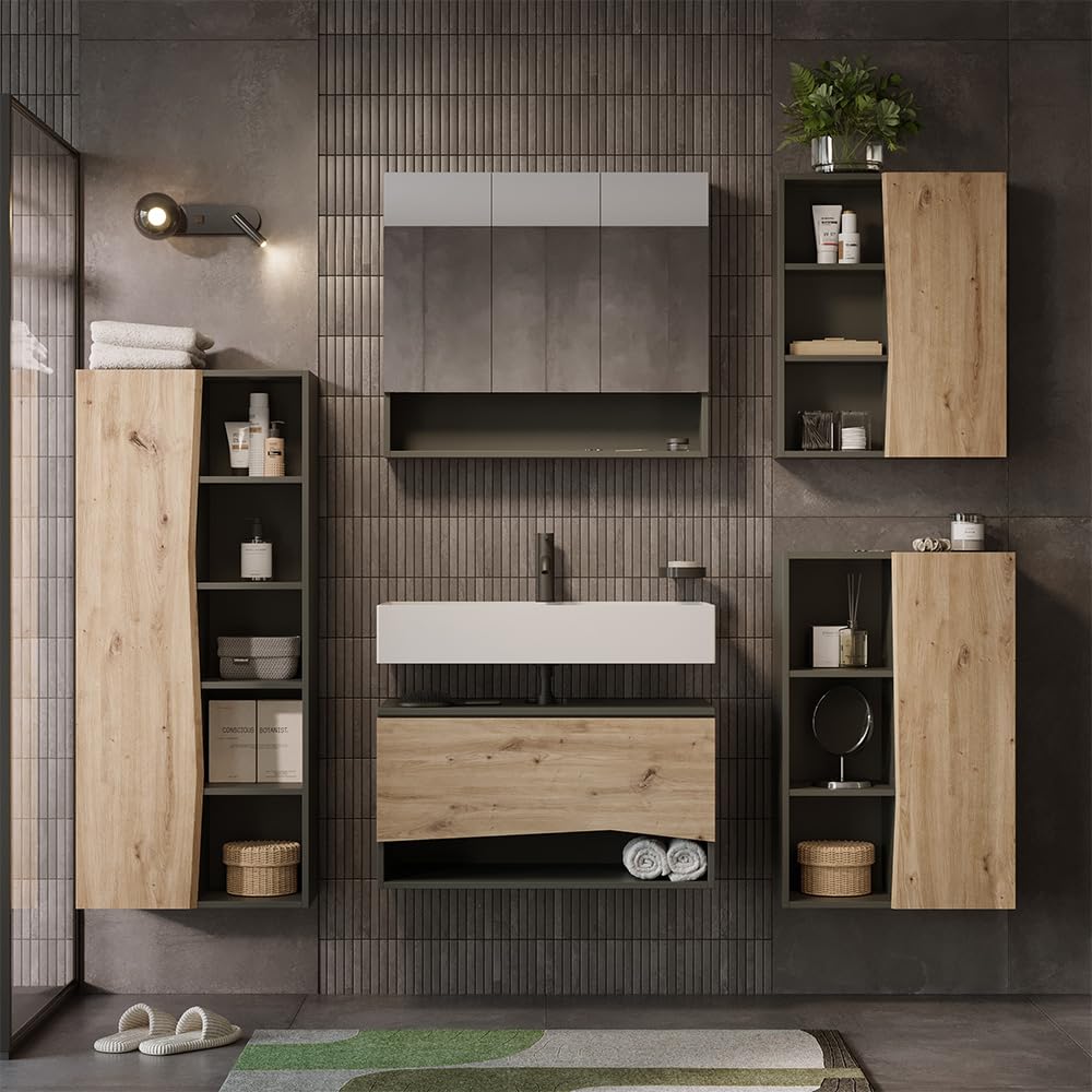 Vicco Meuble Salle de Bain Willow, Chêne Artisan/Anthracite, 56x130cm avec 5 Compartiments Ouverts, adapté au Montage Mural et à différentes Tailles de Salle de Bain