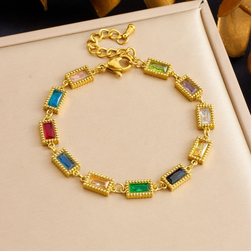 Dainty Gold Plated Multicolor Crystal Bracelet for Women - Elegant Colorful Gemstone Tennis Bracelet with Rainbow Cubic Zirconia - Image 4