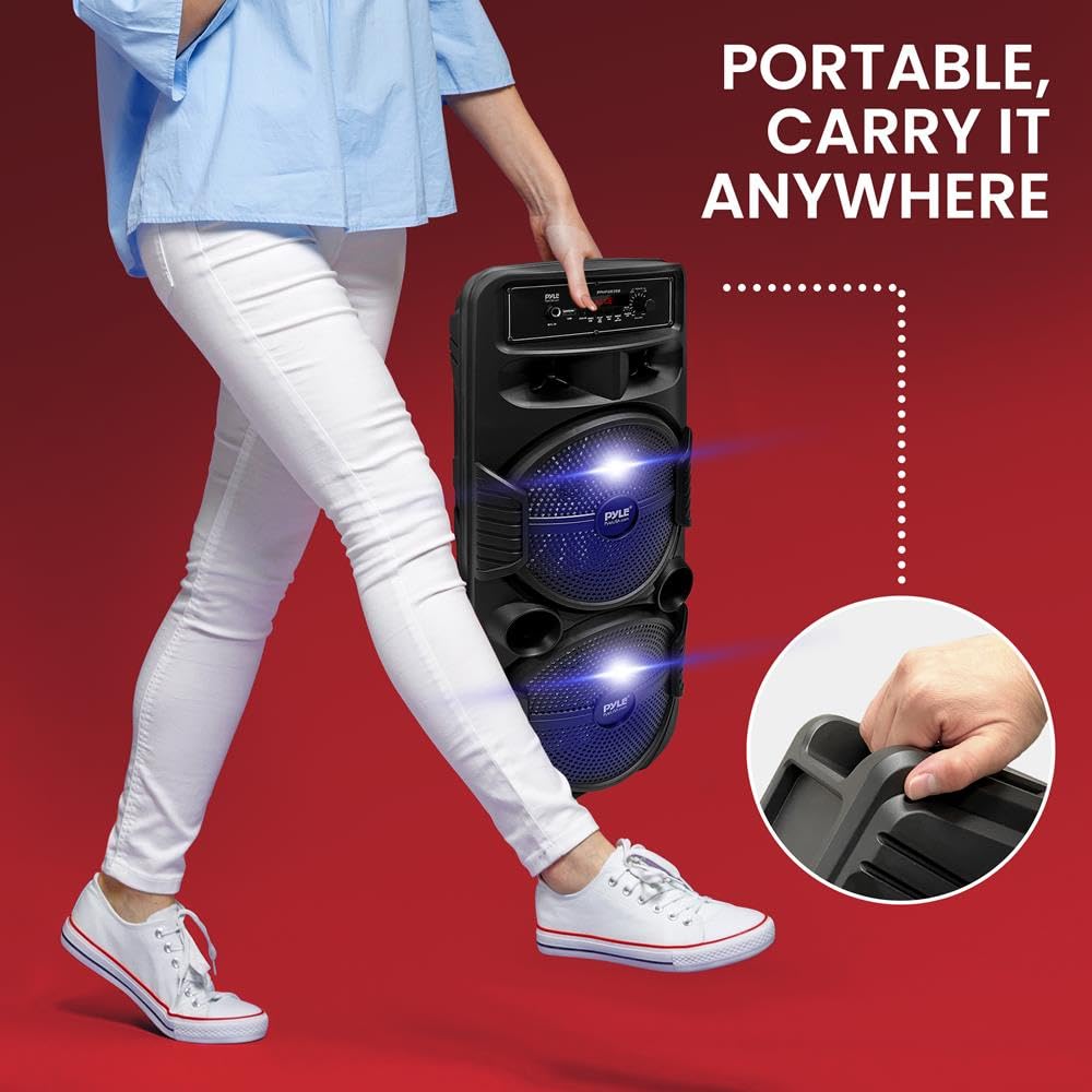 Pyle Enceinte Bluetooth, Enceinte Portable Extérieure Rechargeable de 600 W, Haut Parleur Sono avec Double Caisson de Basses, Tweeter, Entrée Microphone, Lumières de Fête, USB, Radio, Télécommande