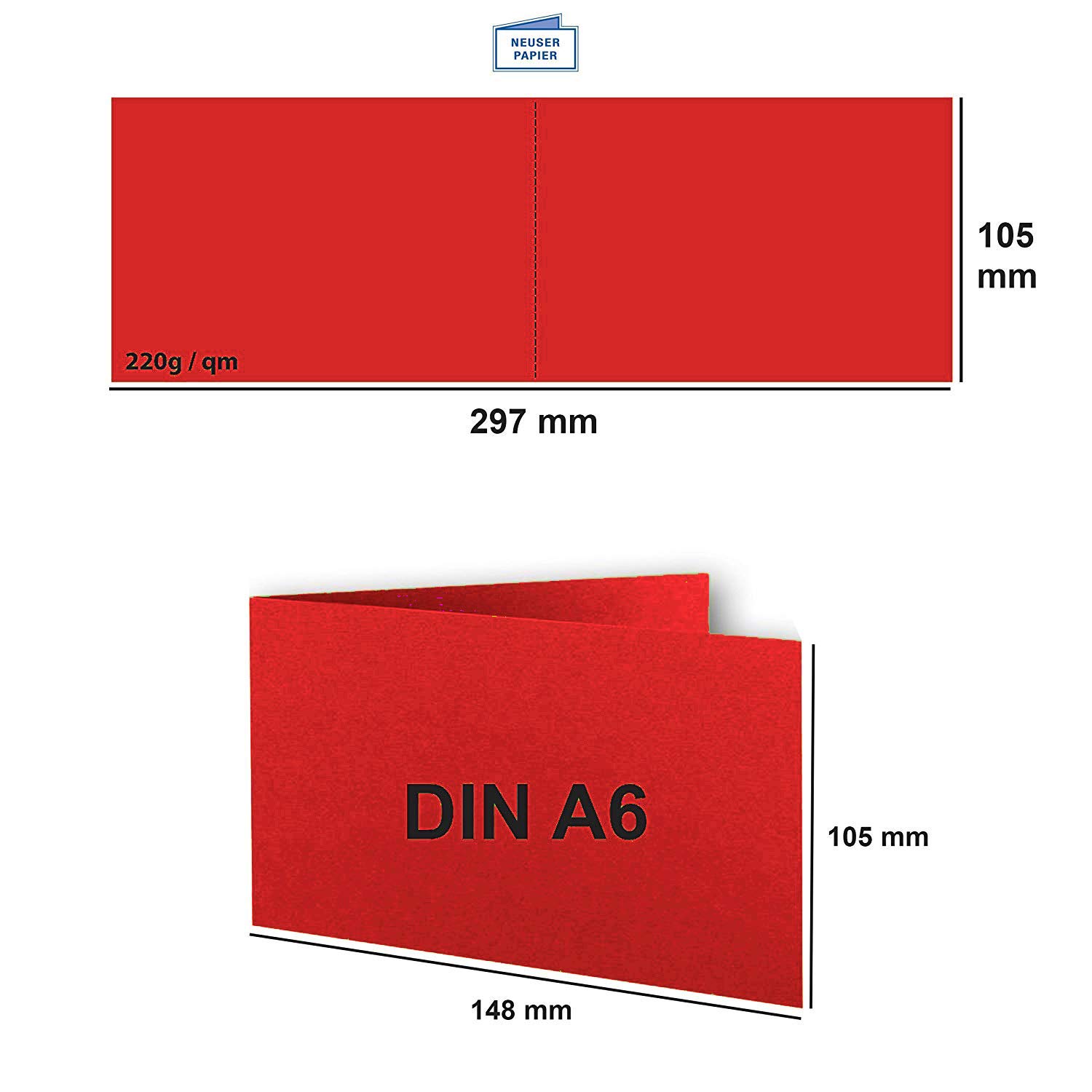 100x DIN A6 Faltkarten SET- Rot - Doppelkarten querdoppelt inkl. Umschlag mit Haftklebung - 10,5 x 14,8 cm - DIN A6 / C6