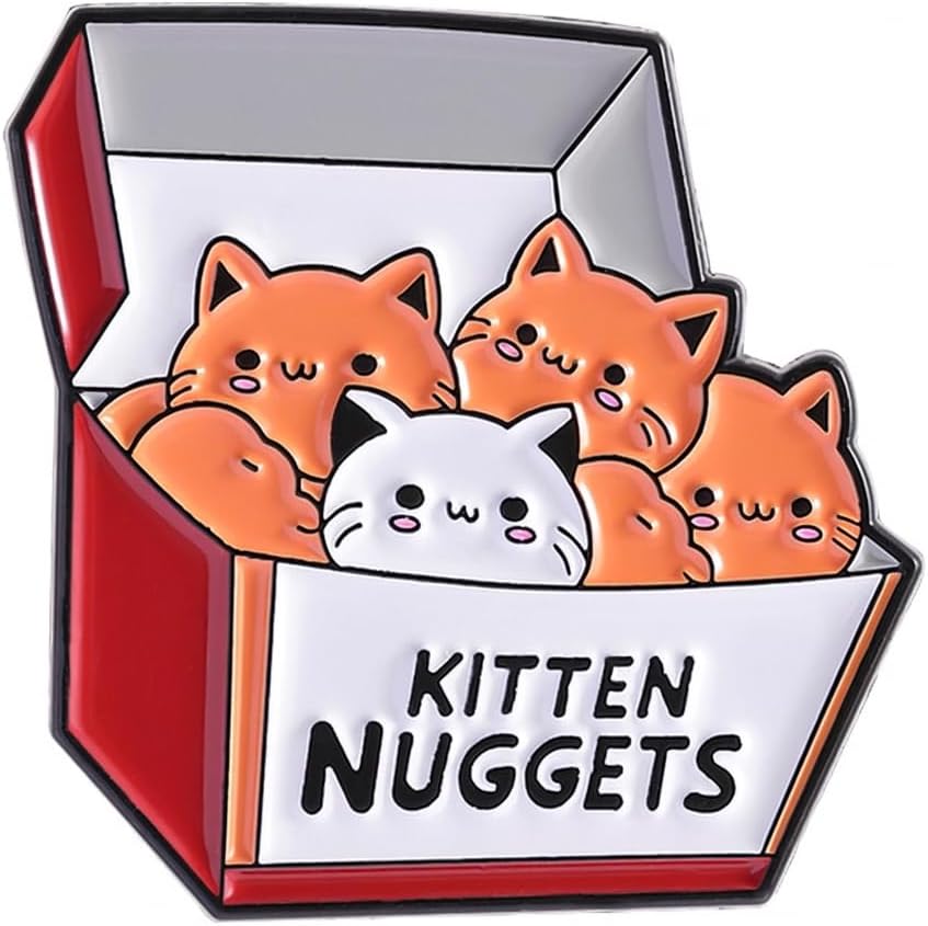 Funny Cat in a Box Pin - Cute Animal Enamel Pins Brooch with KITTEN NUGGETS for Backpacks, Jackets, Hats. Humor Kitten Brooches Gifts for Cats Lovers, Teens, Adults.