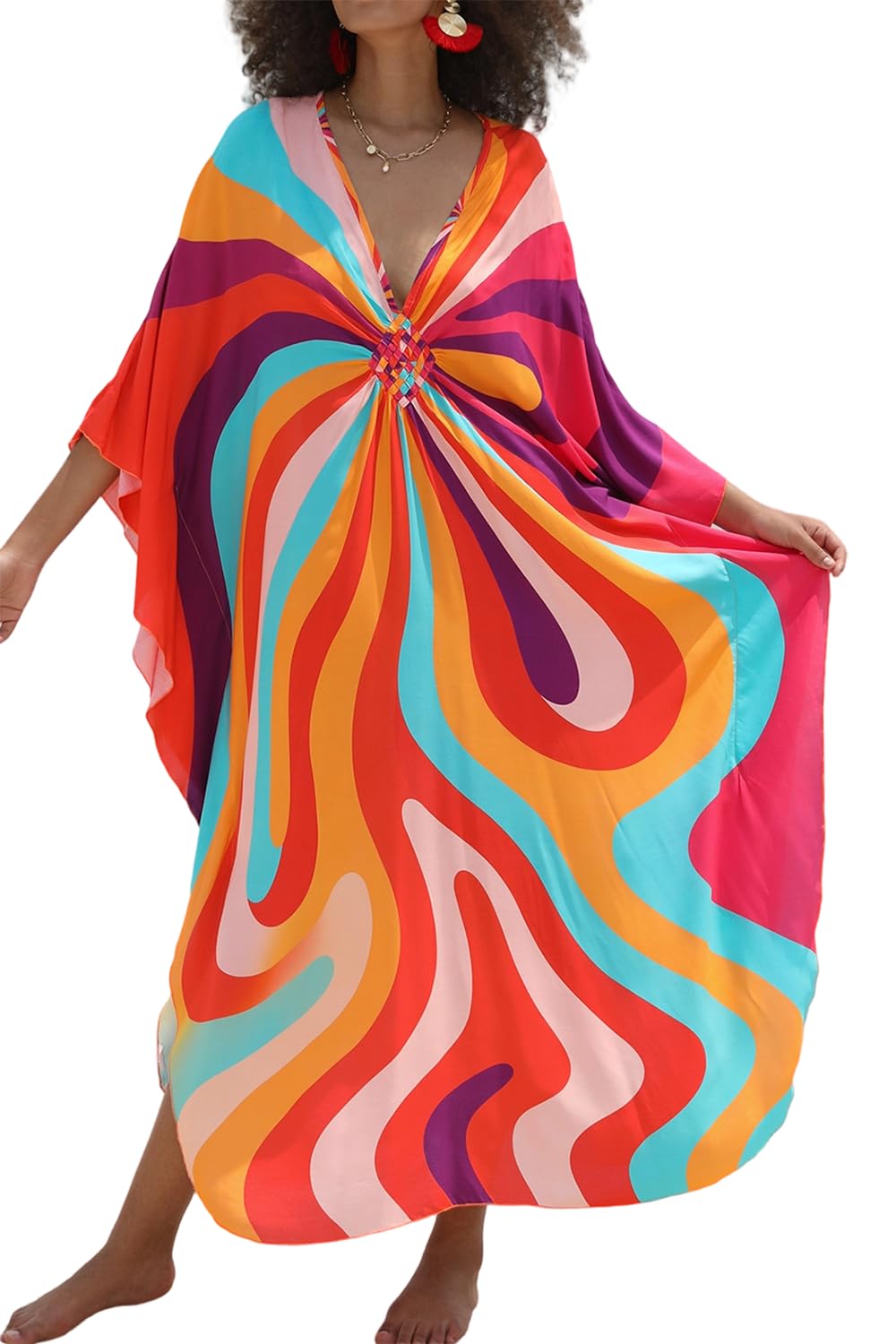 LikeJump Women's Summer Cotton Beach Dress Kimono Kaftan Pareos Bikini Cover Up Robes