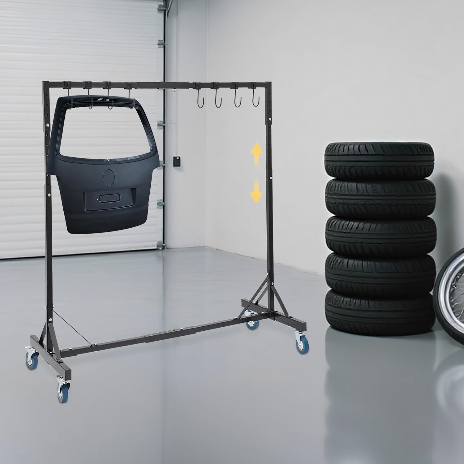 Automotive Painting Stand, Cabinet Door Painting Hanger & Drying Rack, 5-7FT Adjustable 8-Hook Heavy-Duty Steel Paint Hanger with Mobile Base, 240 LBS Capacity for Car Bumper, Fender