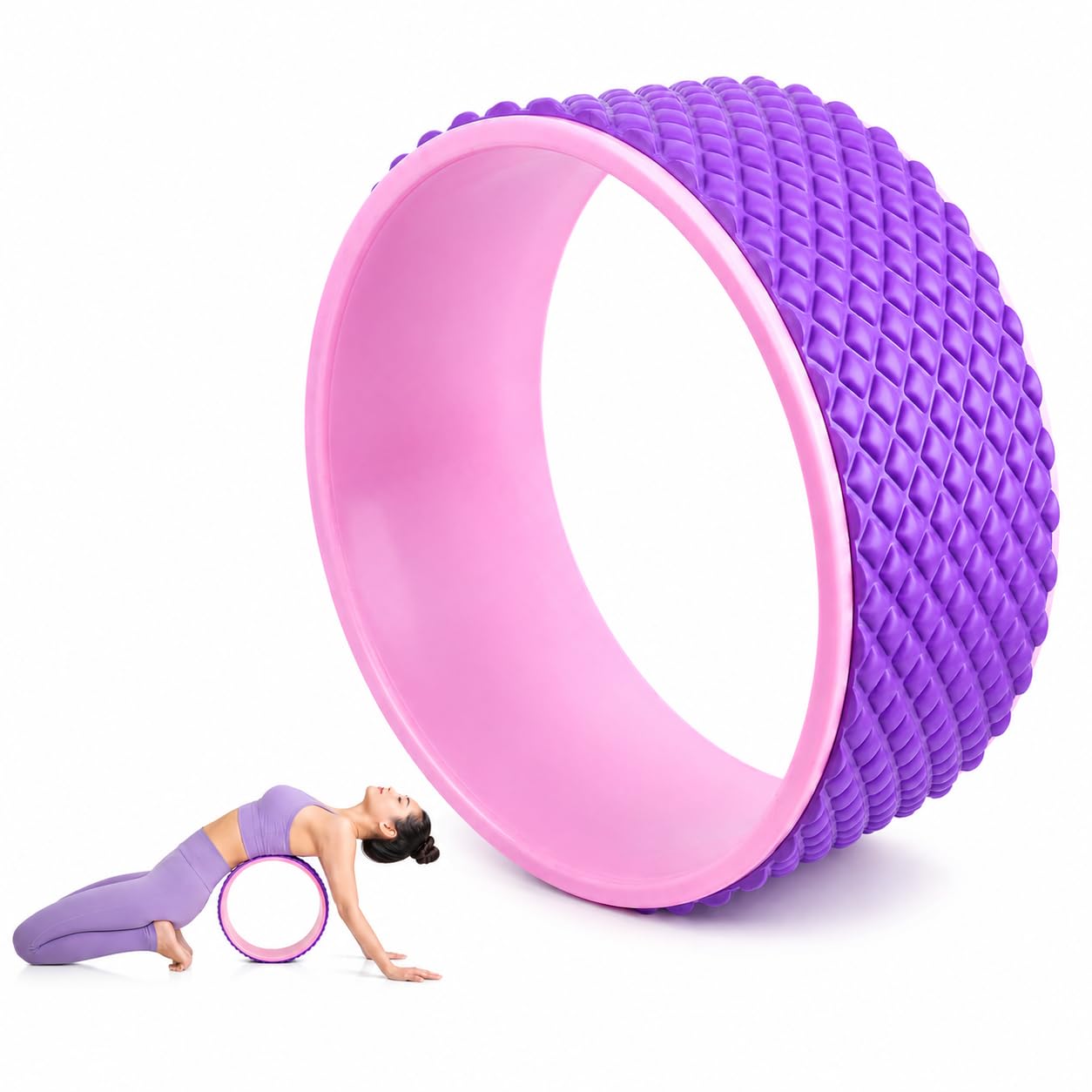 Yoga Wheel | 11.6 x 4.8 Inch Anti-Slip TPE Yoga Back Roller for Back Pain Relief, Spine Stretcher, Posture Correction, Deep Tissue Massage, Flexibility, Pilates, Balance Training, Supports 150 Kg (Pink/Purple)-image-24