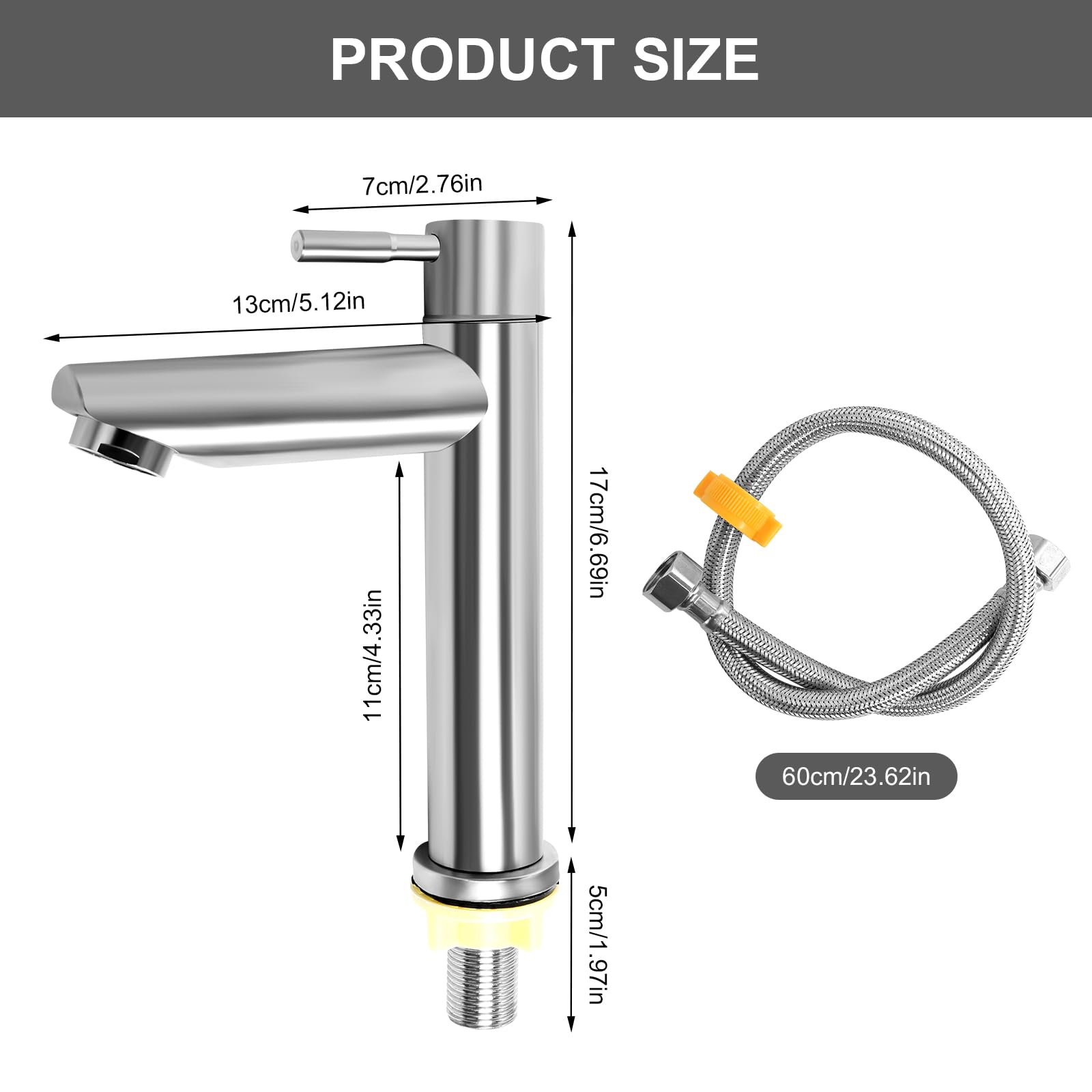Robinet Eau Froide Noir Mat Pour WC Invités - Robinet Lavabo Toilettes Avec Tuyau 60cm, Acier Inox 304, Design Moderne Minimaliste