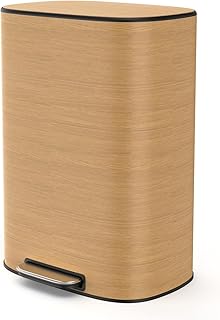 Wood Color 13 Gallon Stainless Steel Foot Pedal Large Trash Can with Soft Close Quiet Lid, Stainless Steel Thickened Body Oval Garbage Can with 30 Garbage Bags for Kitchen, Commercial, Home, Office