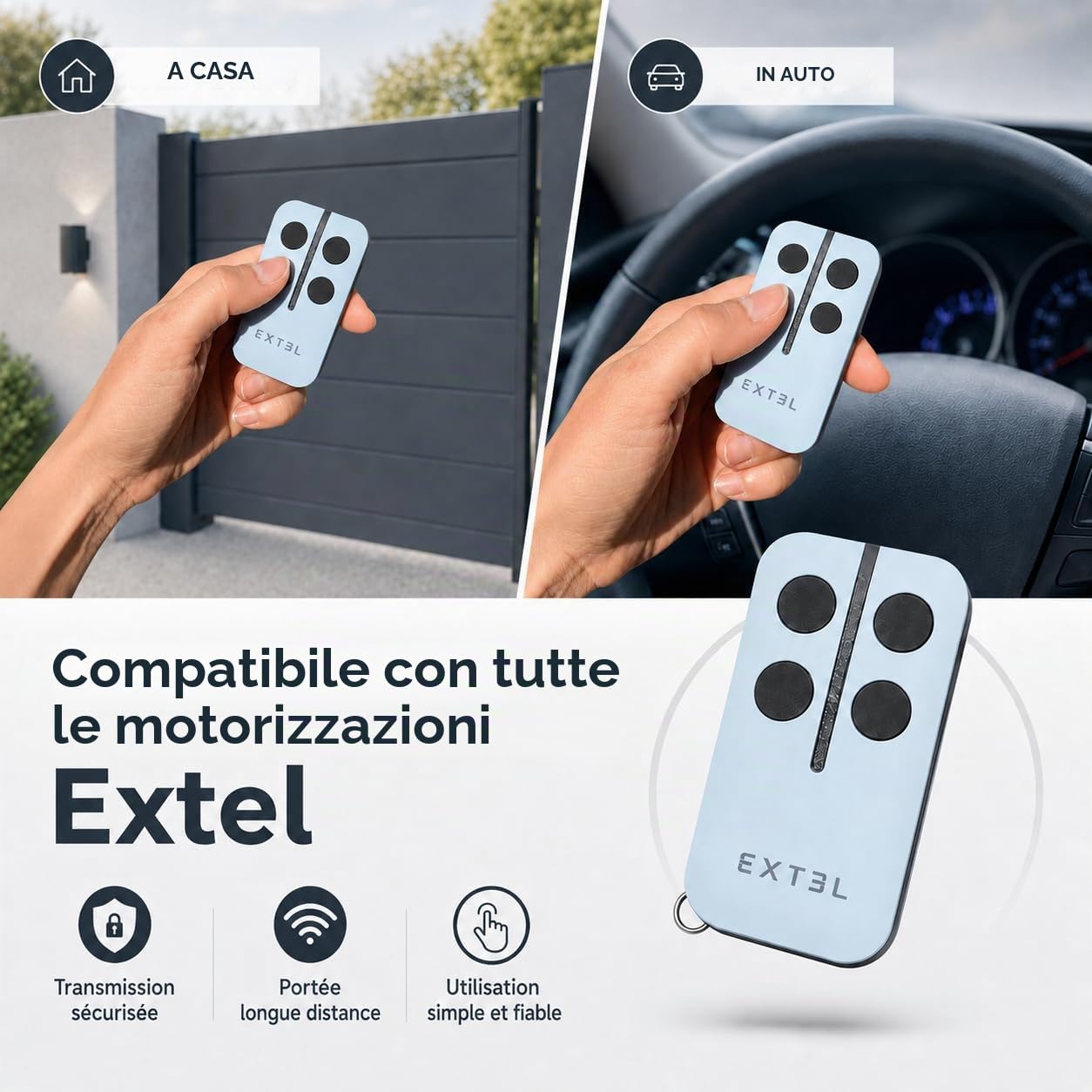 EXTEL Nuovo telecomando aggiuntivo 4 pulsanti per motorizzazione di cancello e Garage Extel, Avidsen, Astrell, Thomson, Easymate, Blyss che sostituisce il riferimento 750530