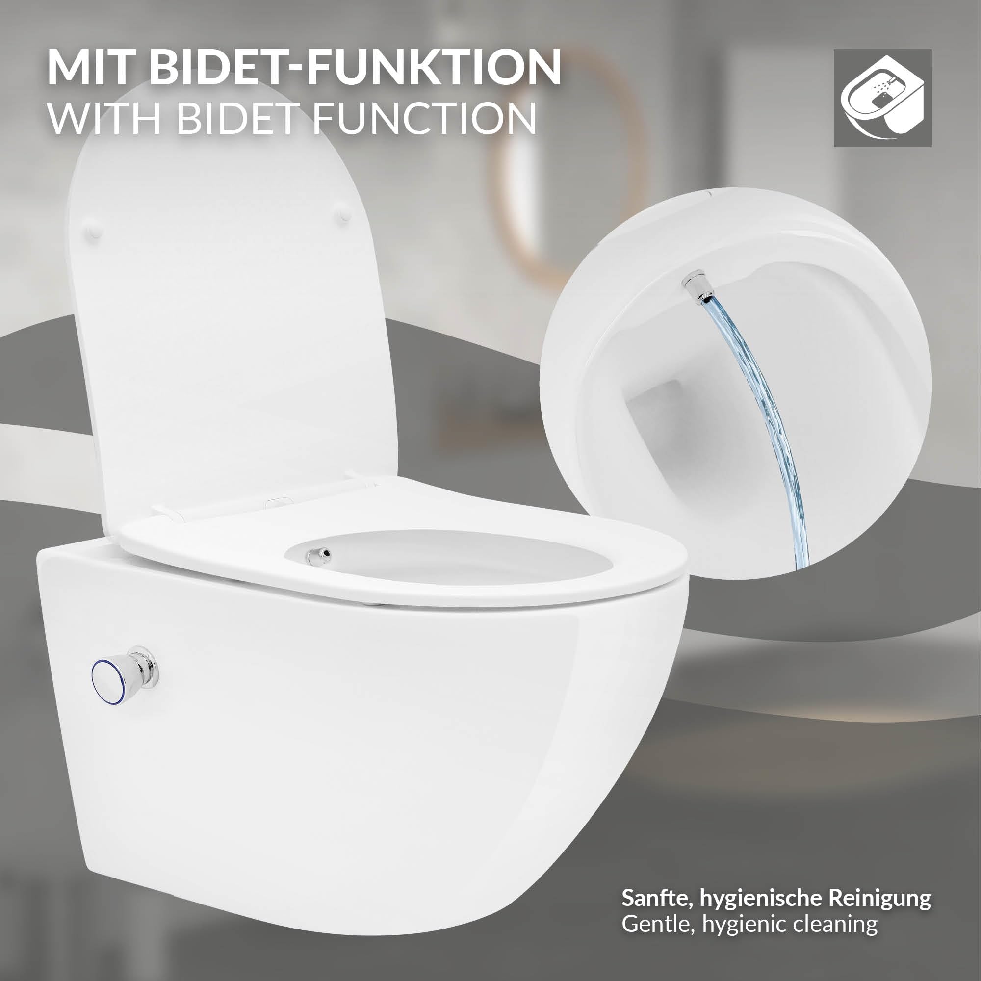 ECD Germany WC Sospeso a Muro Bianco in Ceramica con Funzione Bidet Lungo senza Bordo e Sedile Duroplast Rimovibile Soft Close Chiusura Rallentata a Parete da Bagno Sanitari in Ceramica