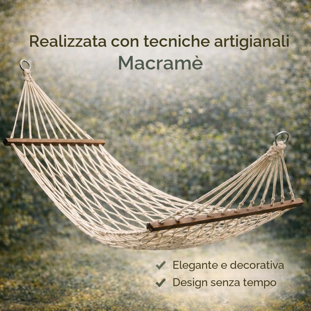 Amaca Macramé in cotone 270 x 80 cm (zona utile 190 x 80 cm), Amaca in rete stile boho per giardino, terrazza, interno, campeggio, camper o caravan,