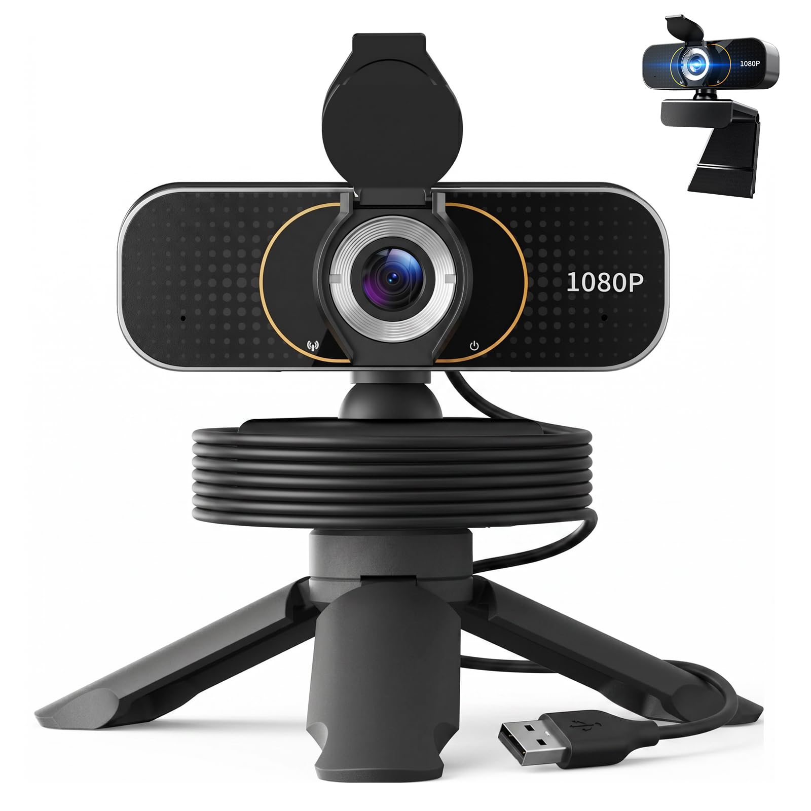 Webcam Full HD 1080p, microfono integrato, treppiede, copertura privacy, correzione automatica della luce e USB plug-and-play, per PC desktop o computer portatile, perfetta per streaming e