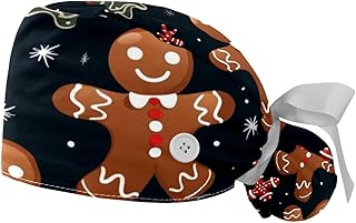 Christmas Gingerbread Man 2 Pcs Unisex Scrub Caps Women with Button Adjustable Hats Surgical Bouffant Caps for Women