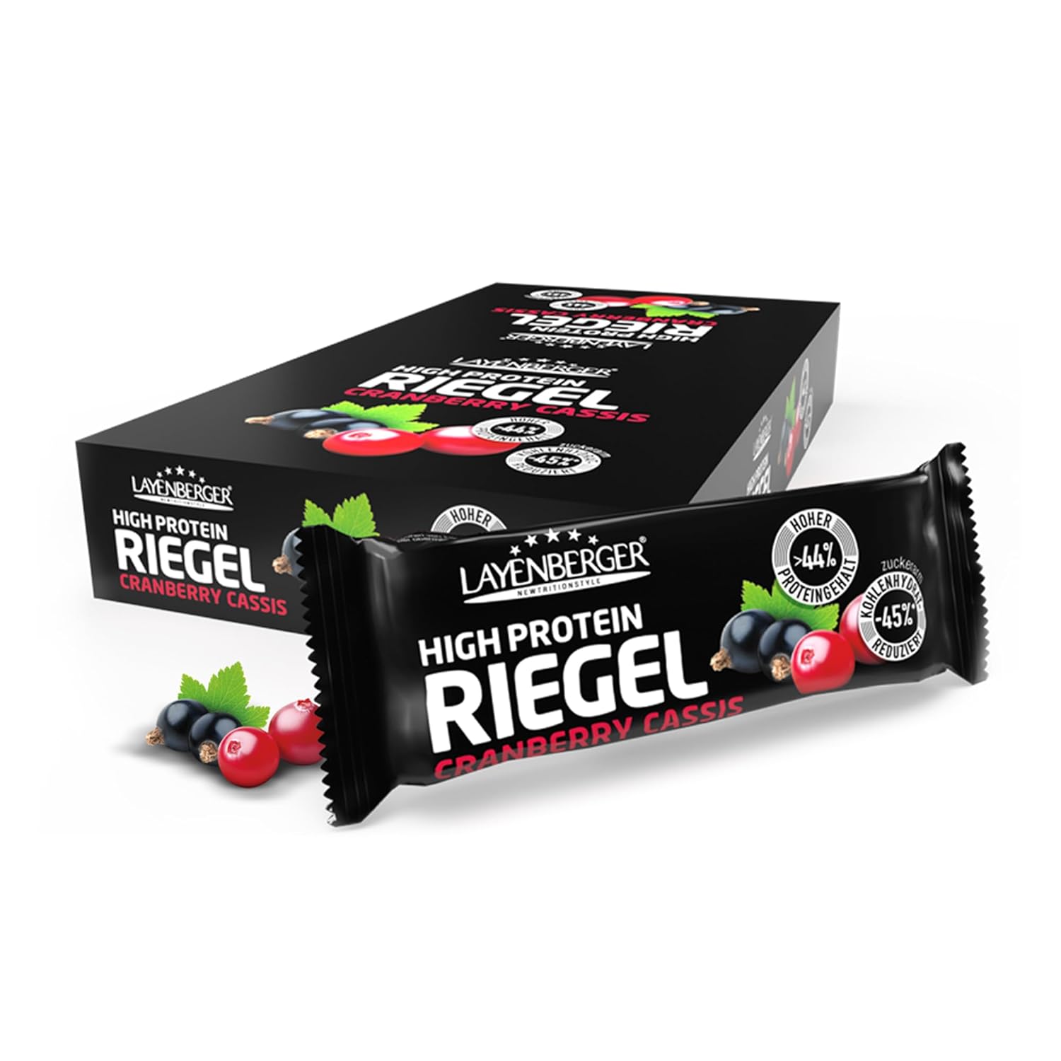 Layenberger High Protein Bar, Fitness Power Bar, Lots of Protein, Low Sugar, Pack of 18 (18 x 35 g) Cranberry Cassis