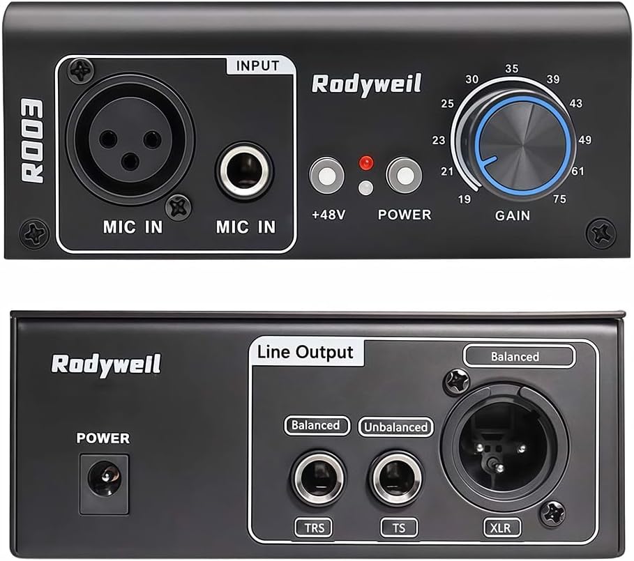 Microphone Preamp Mic Gain Booster with 2 Input Max 75db Gain 48V Phantom Power for Dynamic and Condenser Mic