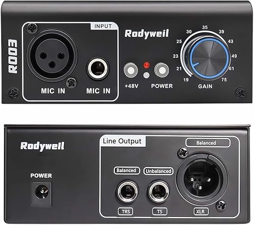 Preamplificador de micrófono con ganancia ajustable de 19~75db, salida de línea balanceada y 48V para micrófono dinámico, de condensador, de cinta,