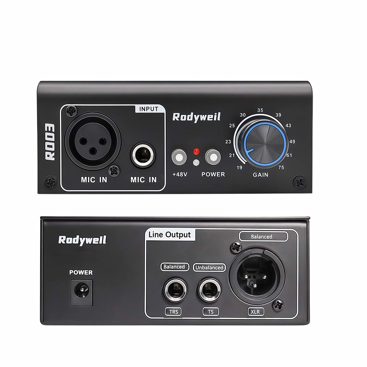 Microphone Preamp Mic Gain Booster with 2 Input Max 75db Gain 48V Phantom Power for Dynamic and Condenser Mic